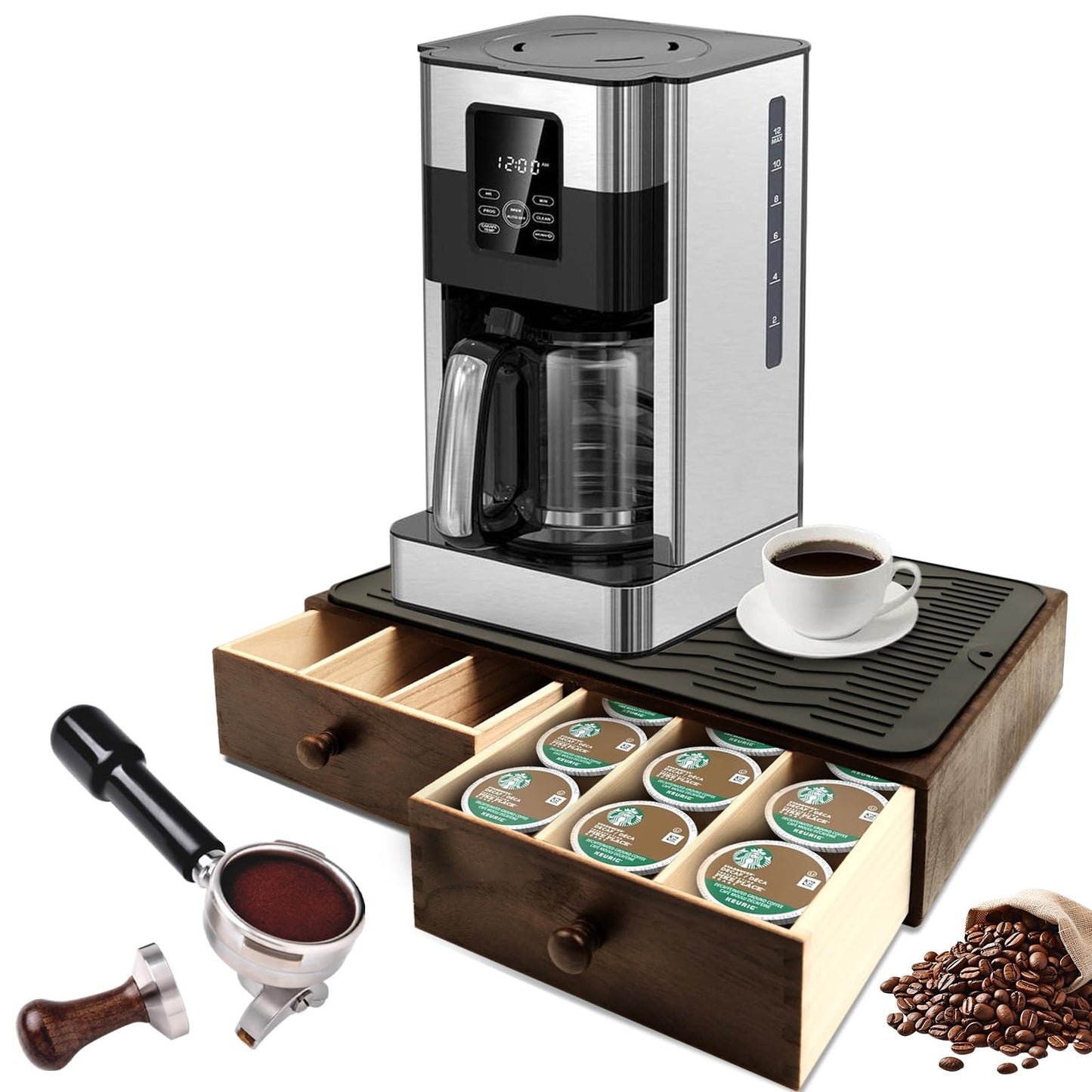 Lveesto Coffee Pod Holder Storage, Wooden K Cup Organizer for Countertop, K Cup Drawer and Tea Organizer for Counter, Coffee Station Organizer with Silicone Non-Slip Pad (30 Pod Capacity)