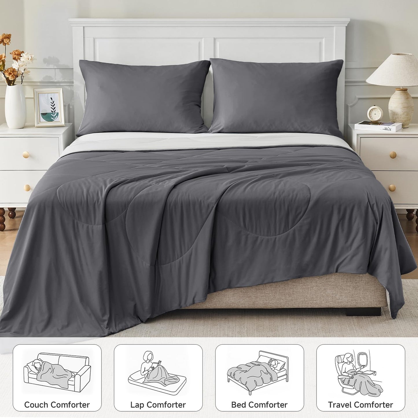 HOMFINE Cooling Comforter Japanese Double-Sided Cold Tech Fabric Cooling Blanket for Night Sweats Hot Sleepers, Q-Max 0.45 Soft Breathable Silky Smooth Lightweight Grey Summer Comforter Queen