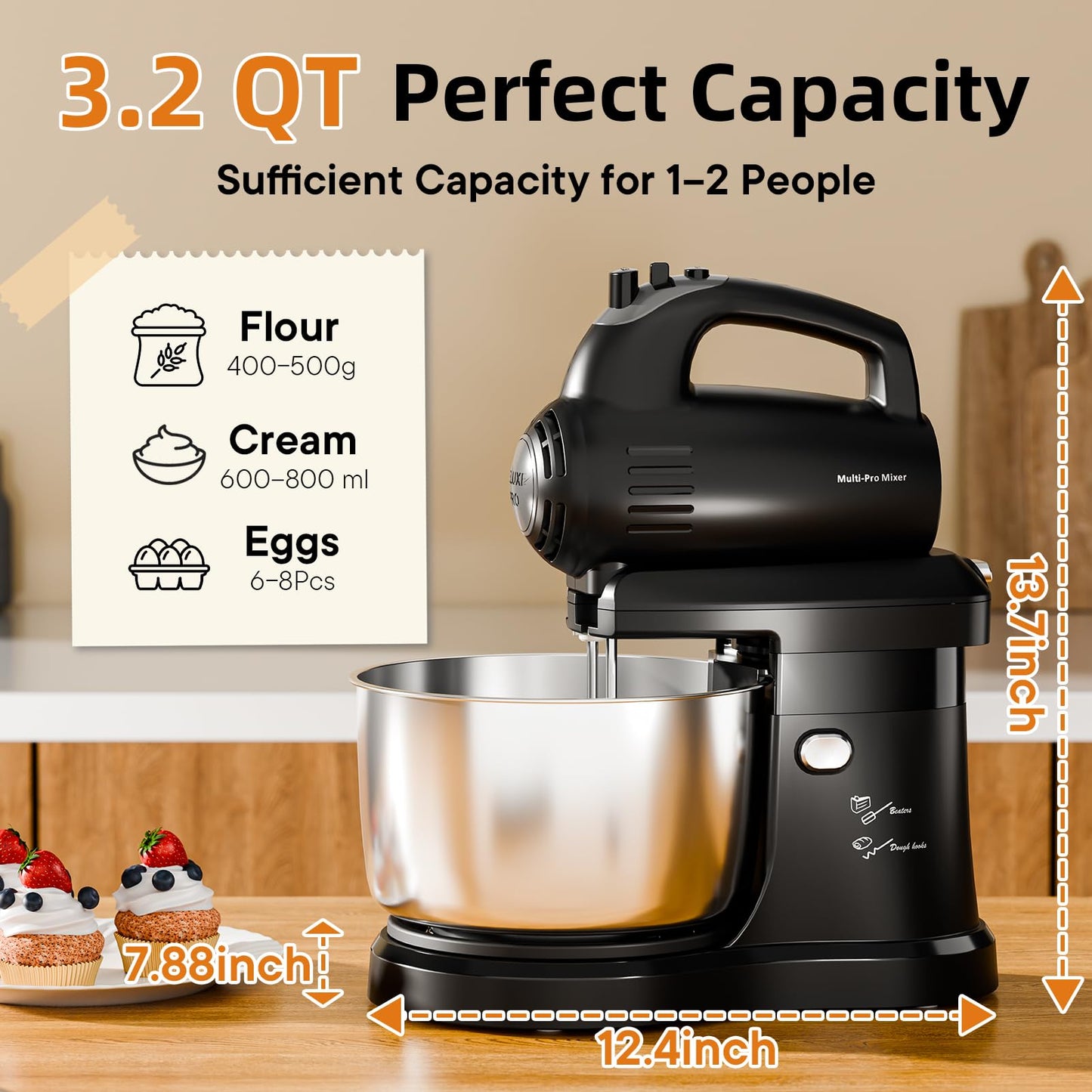 Stand Mixer Electric Kitchen Mixer, 3.2 QT Auto-Rotating Bowl & Beater Tilt-Head 2-IN-1 Standing Hand Mixer, 250 Watt 5-Speed with Turbo Boost Household Mixer with Beaters & Dough Hooks for Baking