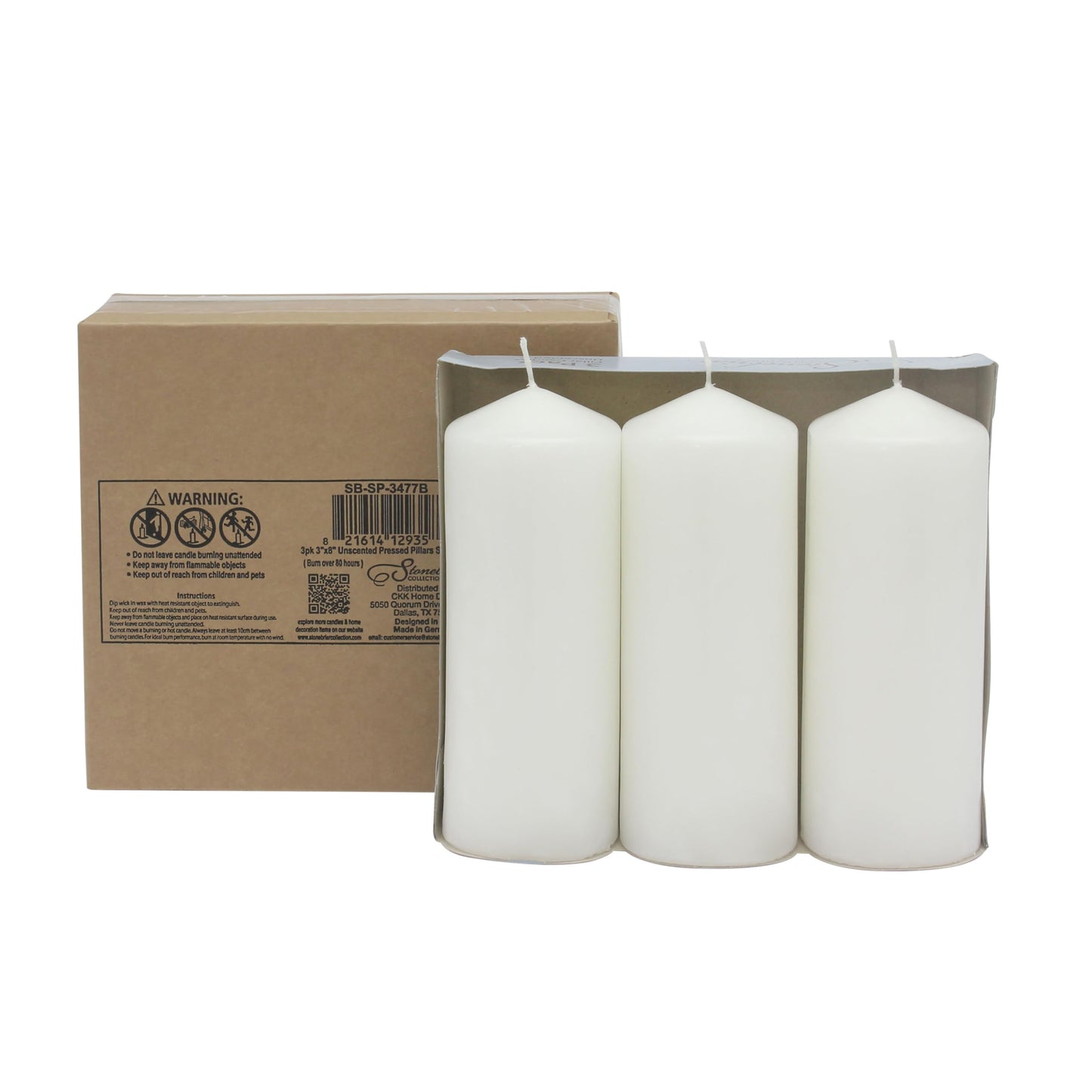 Stonebriar 3 Pack Tall 3 x 8 Inch 80 Hour Long Burning Unscented White Wax Pillar Candles