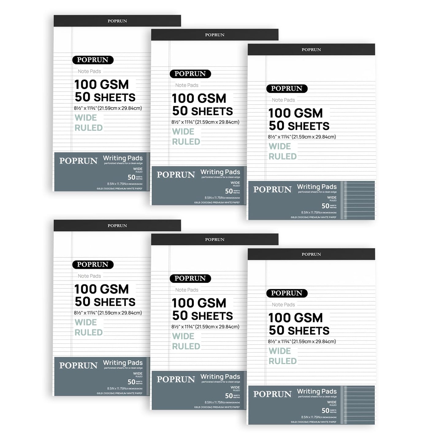POPRUN Note Pads 6 Pack, Bright White Paper with Cardback, Wide Ruled 50 Sheets 8-1/2" x 11-3/4", Bulk Lined Legal Pads for Work, Home, School Supply