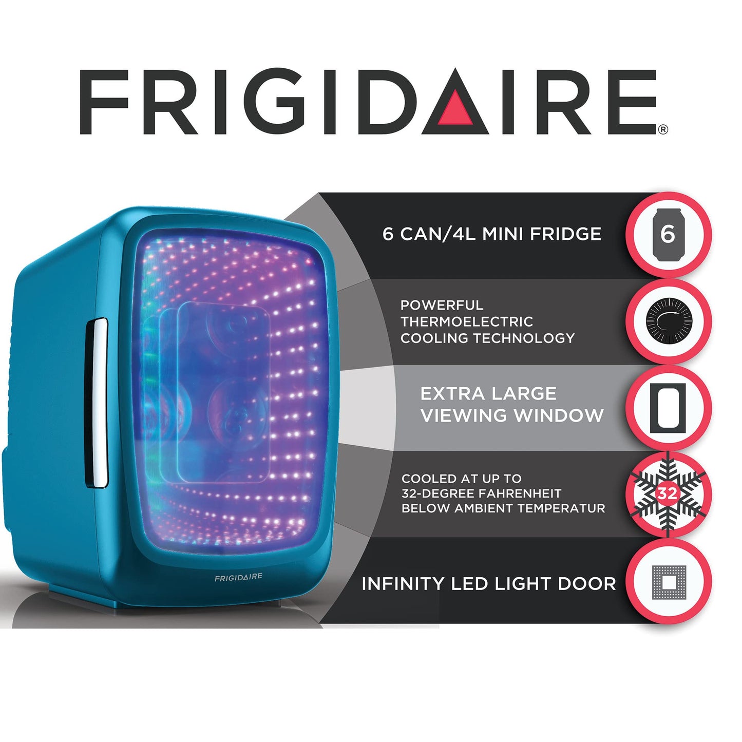 Frigidaire Gaming Light Up Mini Beverage Refrigerator, 6 can, 4 liters, Cooler with large see through door and LED lights Perfect for Gaming Experience, Home, Office, or Cars.12V Charger (Blue)
