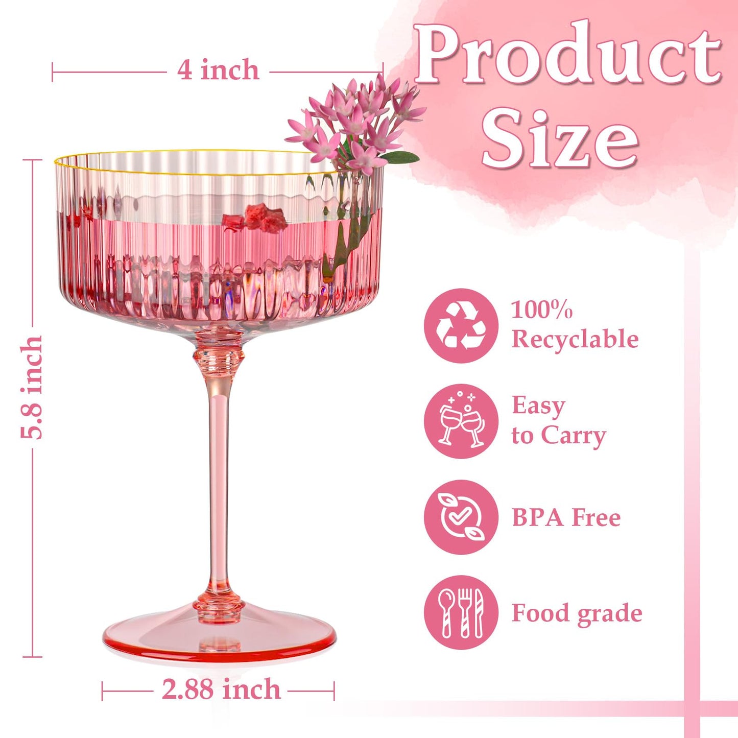 HKSZEH 24 PCS Ribbed Coupe Glasses Pink Plastic Champagne Coupe Cup 10oz Detachable Gold Rim Espresso Martini Glass Vintage Margarita Glassware Cocktail Glass for Wedding Bachelorette Party