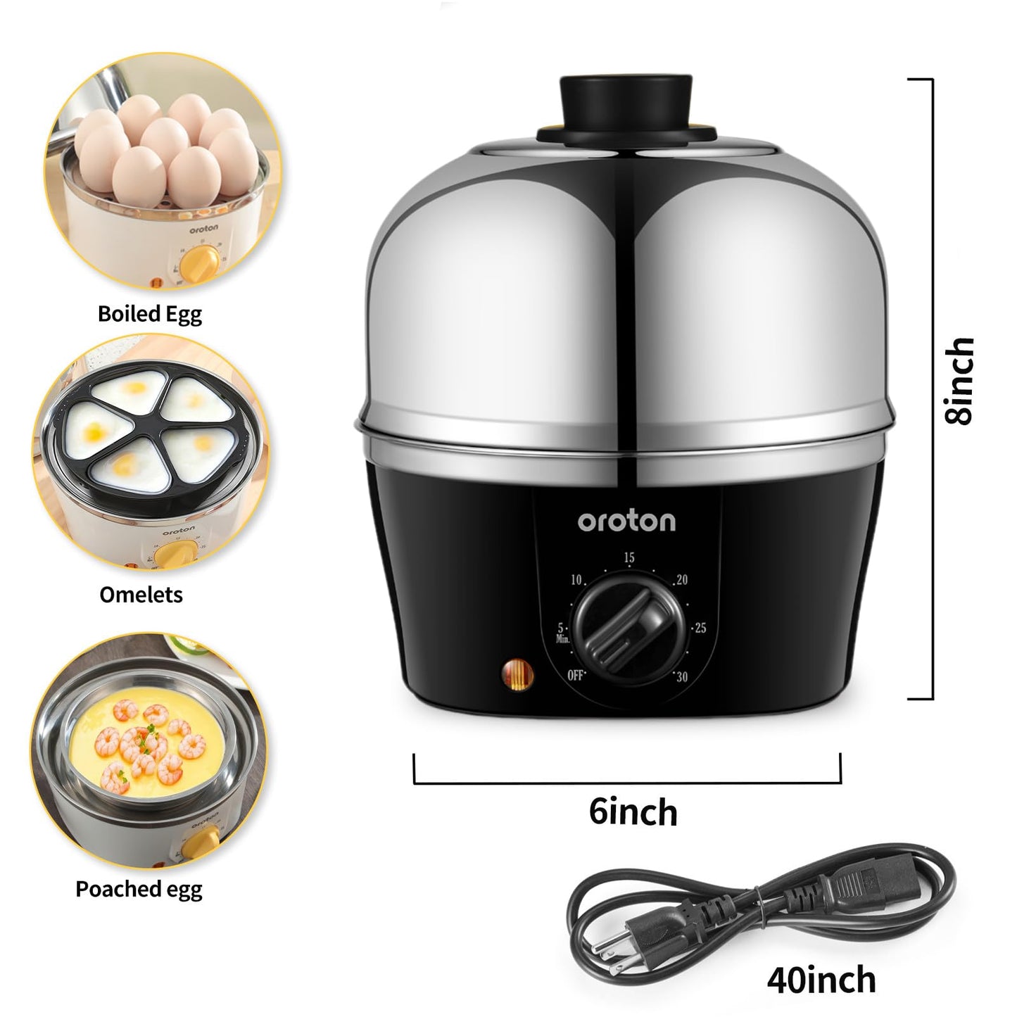 Oroton 9-Egg 304 Stainless Steel Egg Cooker – Steam & Boil Eggs with Timer, Automatic Shut-Off & 3 Cooking Modes (Black)(Hard/Medium/Soft)