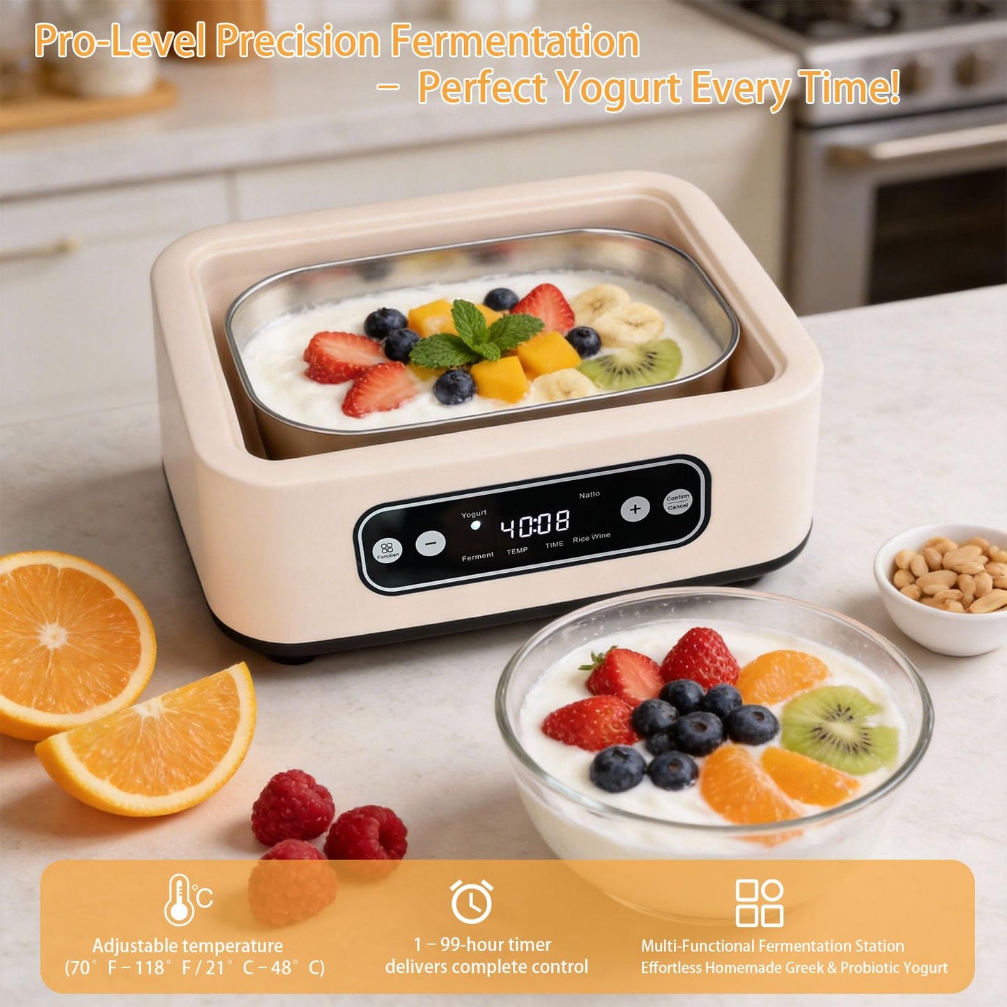 Yogurt Maker，with Timer and Temperature Control, Auto-Shutoff Feature, 1.6-Liter Stainless Steel Inner Pot + 9 Dishwasher-Safe Jars—Easily Make Fresh Probiotic Yogurt and Enjoy Natural Health