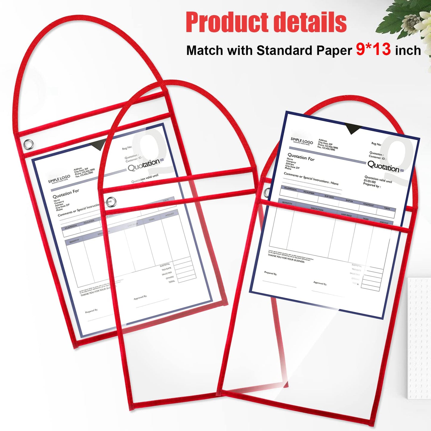 Geyee 50 Pack Job Ticket Holders Work Order Pockets for 9 x 12 Inch Hanging Sleeve Plastic Shop Ticket Holders with Strap, Both Sides Clear(Red)