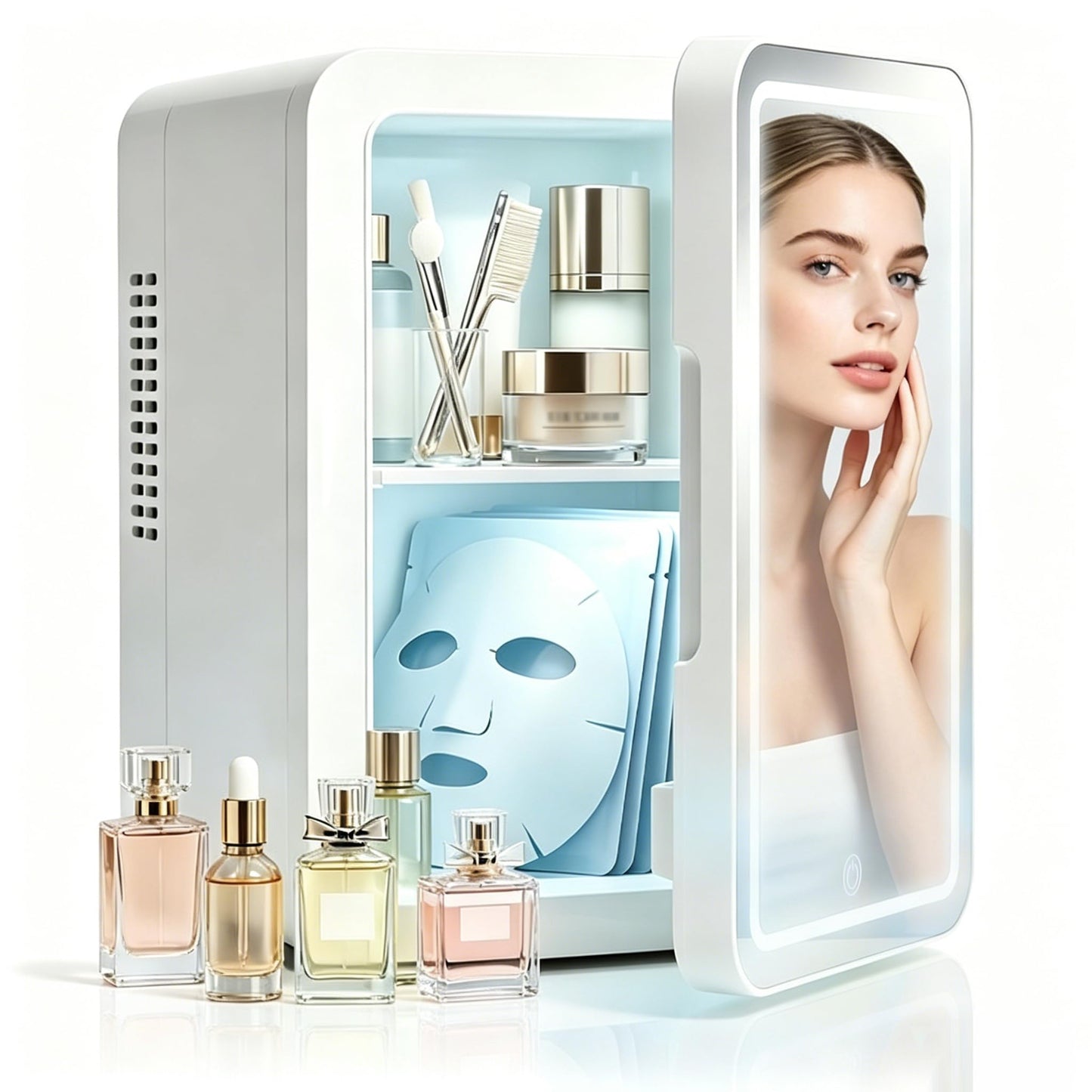 Lispin Mini Fridge for Bedroom, 4L Skincare Fridge with Dimmable LED Light Mirror for Dorm & Office, Portable Cooler & Warmer Small Compact Refrigerator for Skincare, Makeup and Cosmetics
