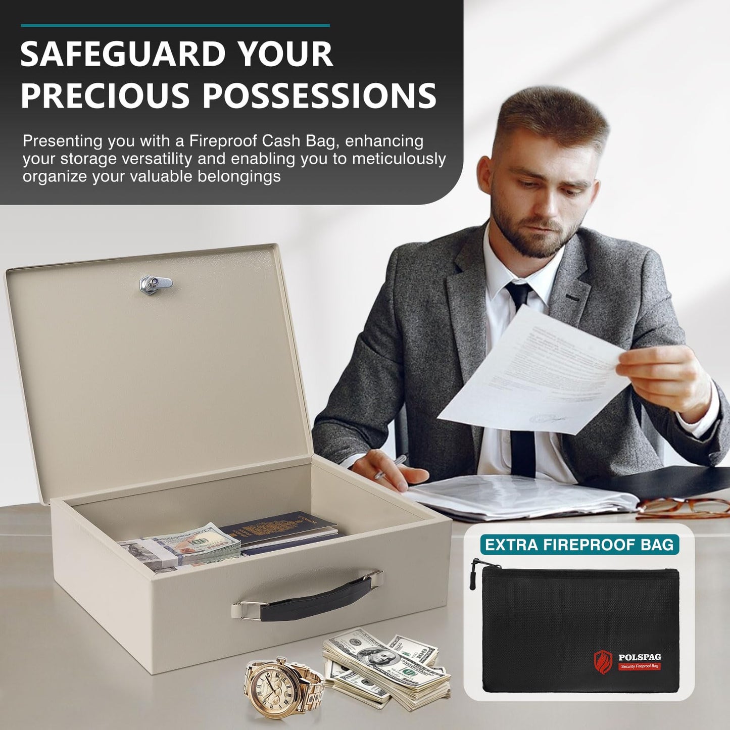 Polspag Fireproof Document Box with Key Lock & Fireproof Money Bag,Safe Storage Boxfor Valuables,Key Lock Security with Carrying Handle,Fireproof Box for Documents,Passport Extra Large (White, Large)