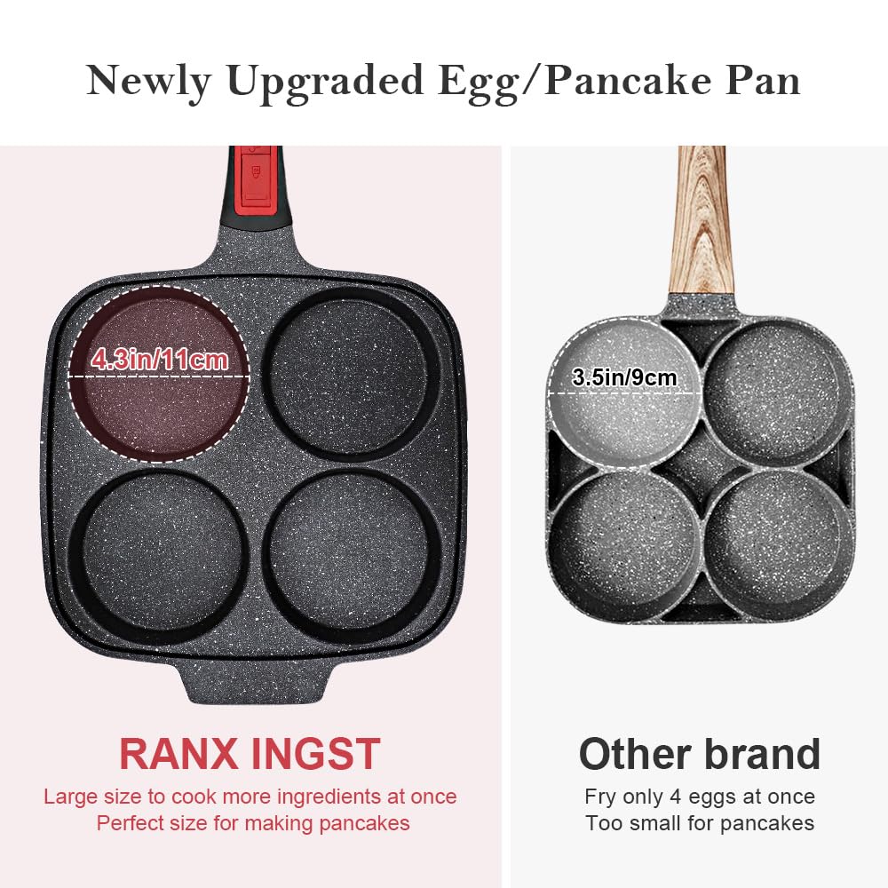 RANX INGST 10 inch Large Egg Pan with Lid, 4-Cup Pancake Pan Nonstick Omelette Skillet with Detachable Handle Induction Compatible - Black