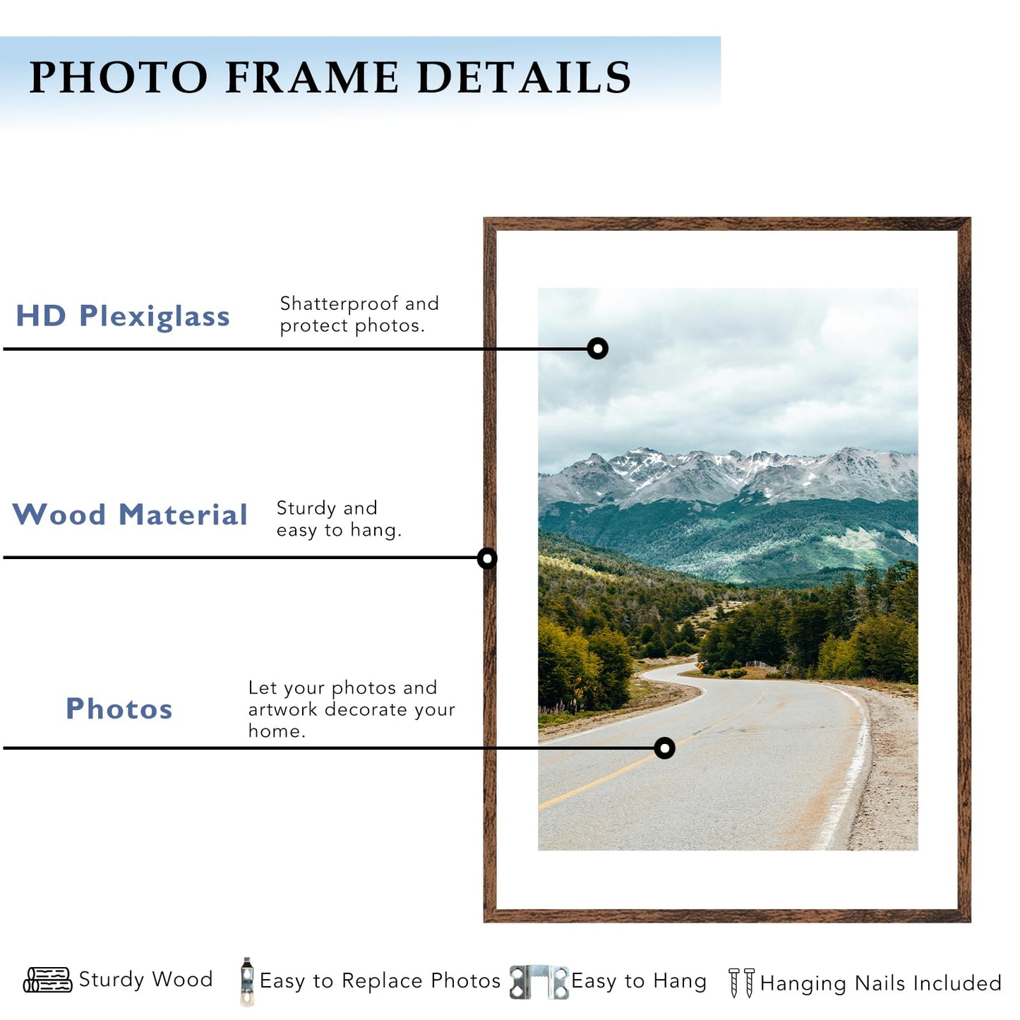 QOTIB Wood 24x36 Picture Frame with 20x30 Mat, Display 20x30 with Mat or 24x36 Without Mat, Wood 24 by 36 Photo Frame, 24 x 36 Frame for Wall Hanging Display, Deep Brown