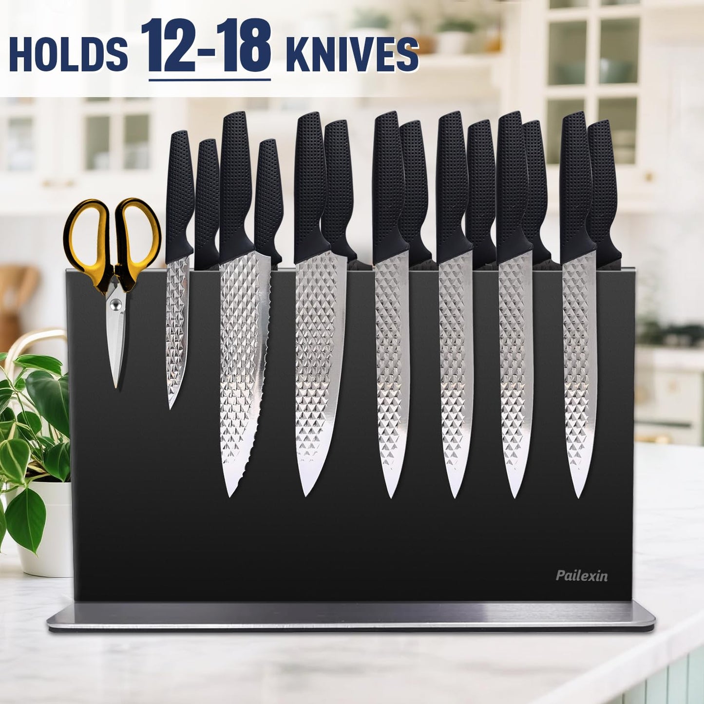 Pailexin Magnetic Knife Block Without Knives—Black Stainless Steel Double-Sided Magnetic Knife Holder Stand with Strong Magnets, Knife Storage Organizer for Kitchen Counter top, 16 inch