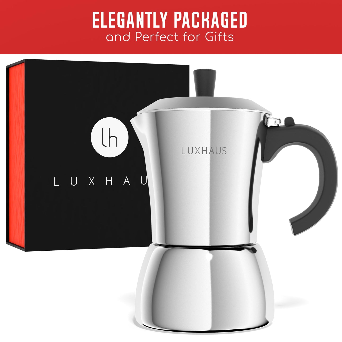 LuxHaus Moka Pot - 6 Cup Stovetop Espresso Coffee Maker - 100% Stainless Steel Italian and Cuban Mocha Coffee Maker