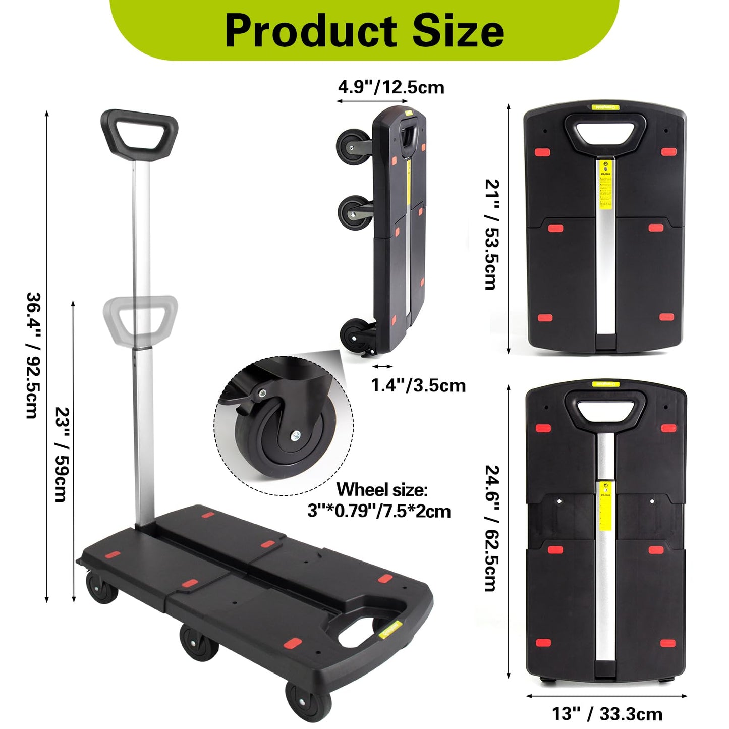 Grenybold Folding Hand Truck with 3-Inch 6 Brake Wheels, 220LBS Capacity Luggage Cart, 21x13 Inch Compact Collapsible Dolly with Bungee Hooks & Strap for Home Travel Grocery Moving