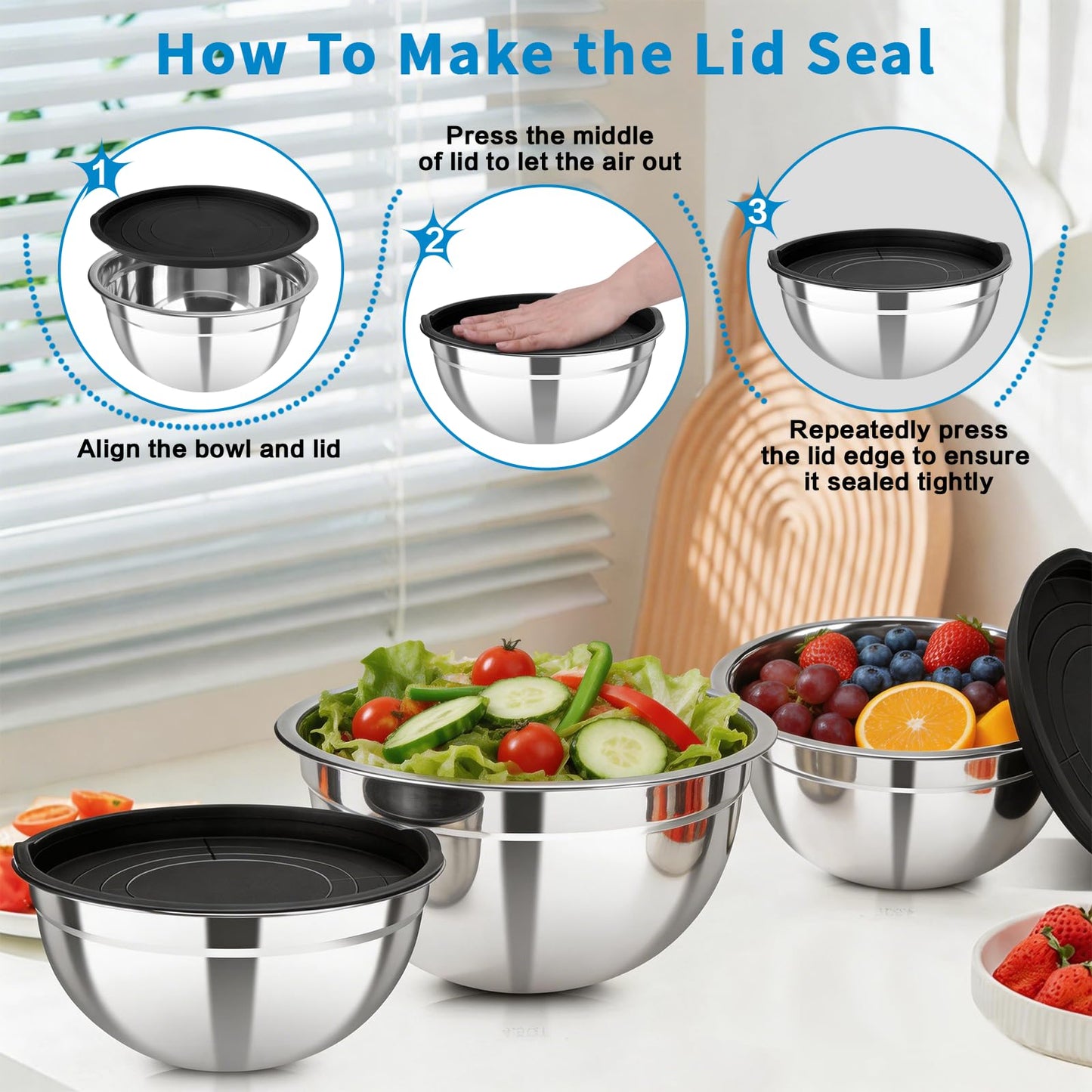 YJSLICT Stainless Steel Mixing Bowls with Lids Set, 7 Pcs Nesting Design Metal Mixing Bowls Salad Bowl for Mixing, Prepping and Serving Food(Size4.5-0.7QT)