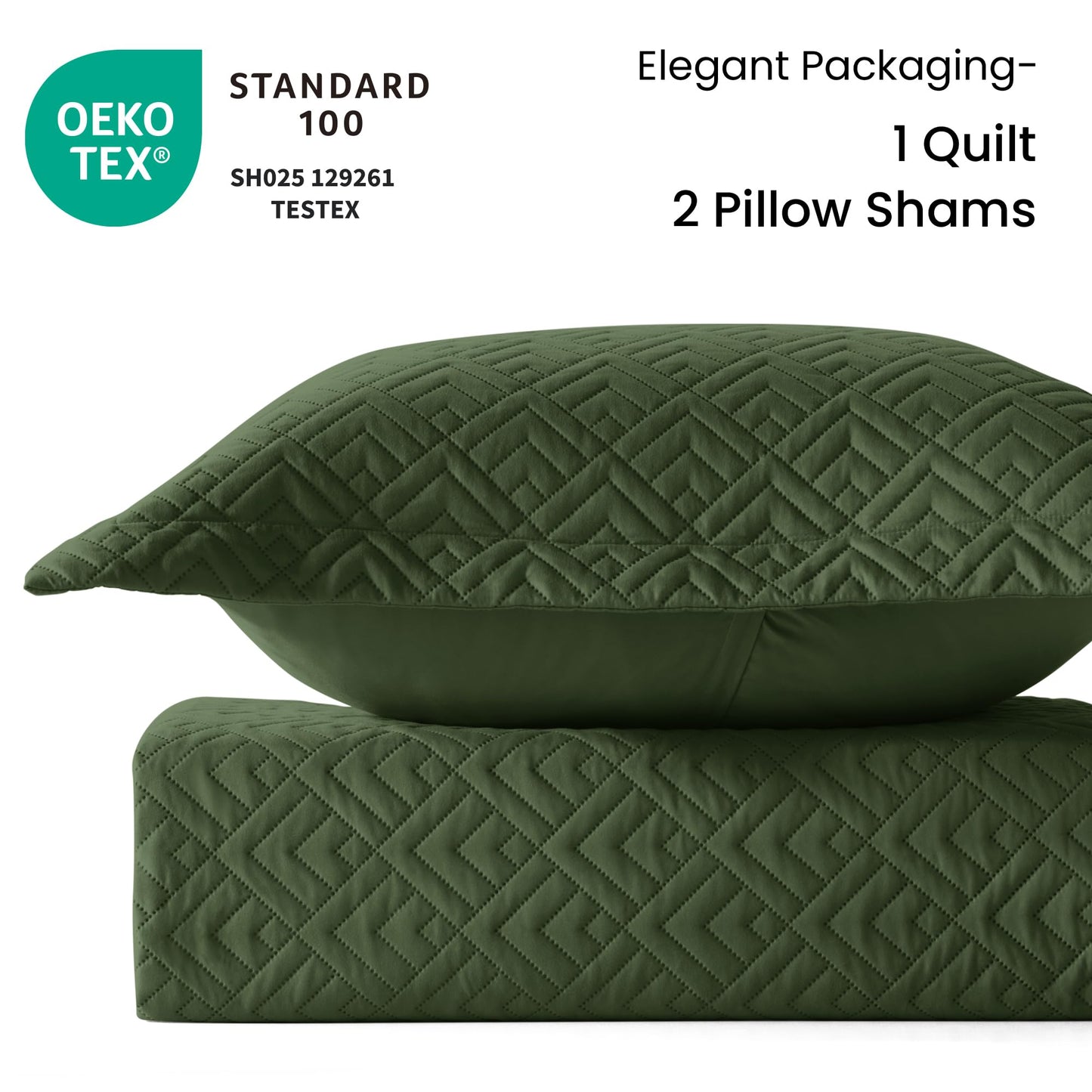 EXQ Home Quilt Set King Size Olive Green 3 Piece,Lightweight Soft Coverlet Modern Style Squares Pattern Bedspread Set(1 Quilt,2 Pillow Shams)