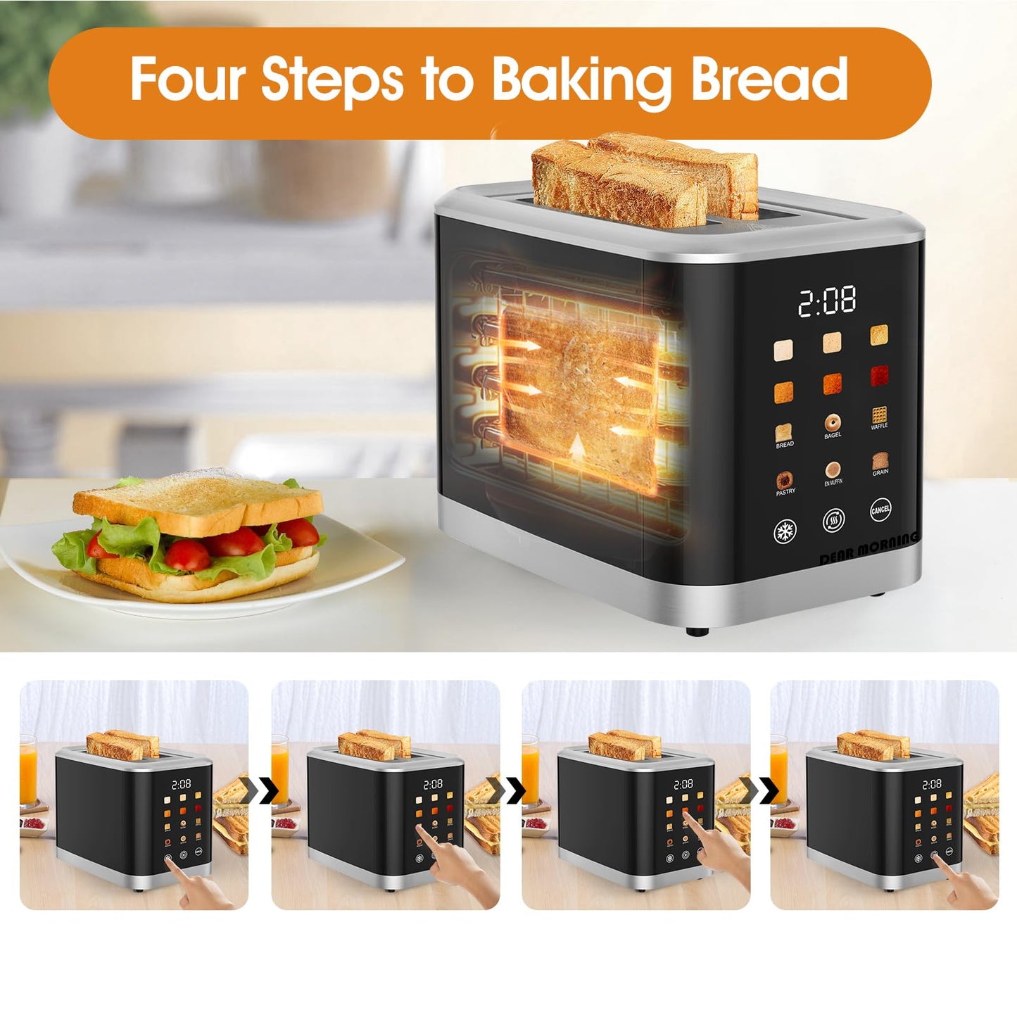 Touch screen Toaster 2 Slice Digital Timer Toasters with 6 Bread Types & 6 Shade Settings, Smart Extra Wide Slots Toaster with Bagel Defrost Reheat Cancel Function