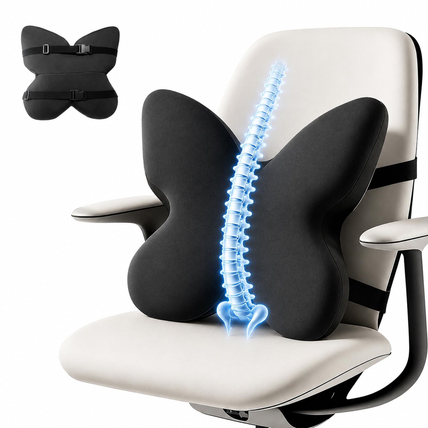 FoKon Ergonomic Back Cushion for Lower Pain Relief, Momery Foam Back Pillow, Lumbar Support for Office Chair Back Support for Computer Chairs, Gaming,Home - Working,Removable & Washable Cover（Black）