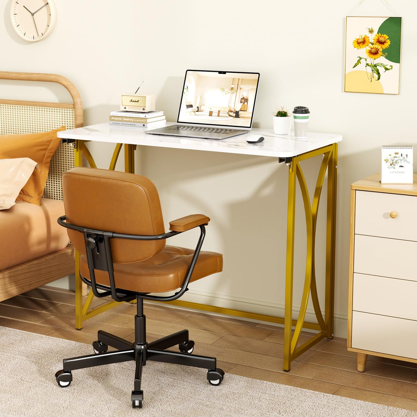 coeztt Folding Desk, 31.5" Small Desk for Bedroom, Space Saving Foldable Computer Desk for Home Office, Easy Assembly, White and Gold