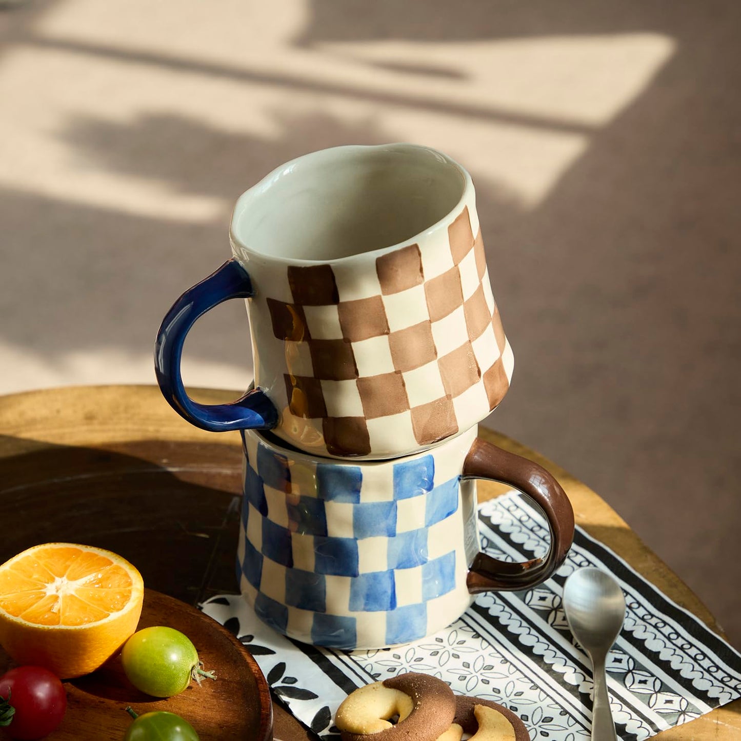 Hand-Painted Ceramic Coffee Mugs Set of 4 – 16oz Large Capacity Artistic Tea Cups with Checkerboard & Striped Patterns, Microwave & Dishwasher Safe for Home, Office, Kitchen (Summer Vibes Collection)