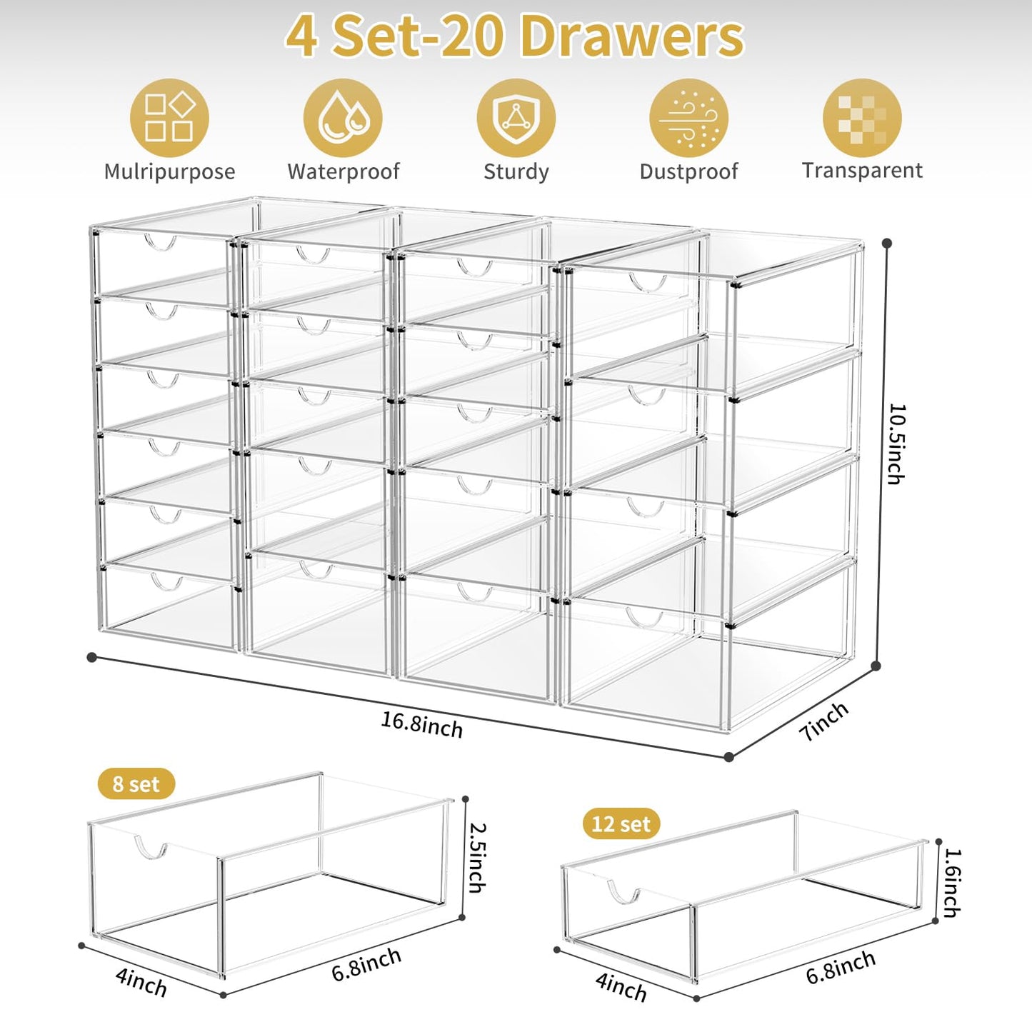 Acrylic Makeup Organizer with 20 Drawers, 4 Set Clear Storage Drawers, Acrylic Drawer Organizer and Storage for Desktop Office Supplies Make Up Pen Hair Accessories