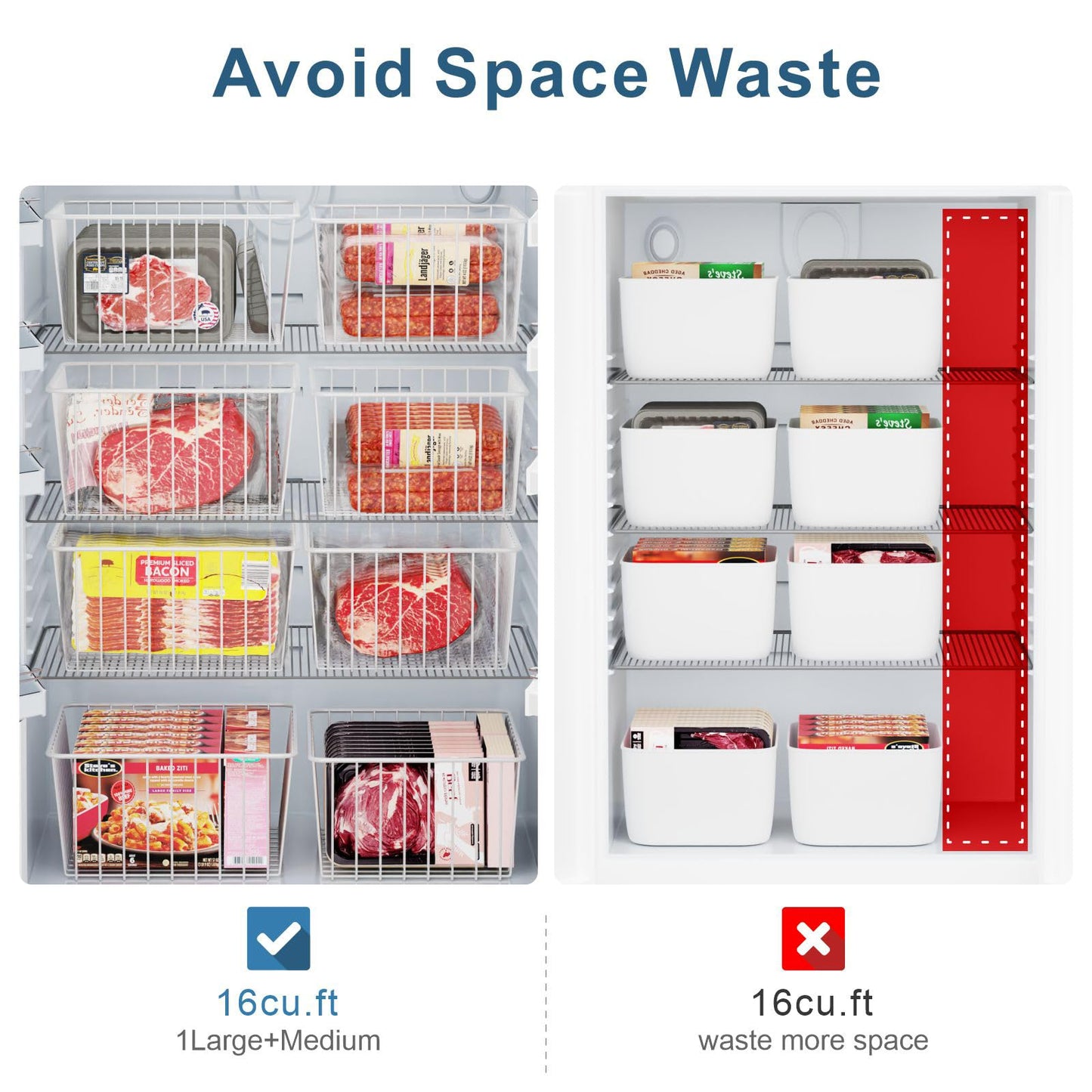 iSPECLE Freezer Organizer Bins - 4 Pack Upright Freezer Baskets for 17/21 Cu.Ft Stand Up Freezer, Wire Storage for Reach-In Freezer, Slide-Out Access, Prevents Items Falling, 2 Large 2 Medium, White