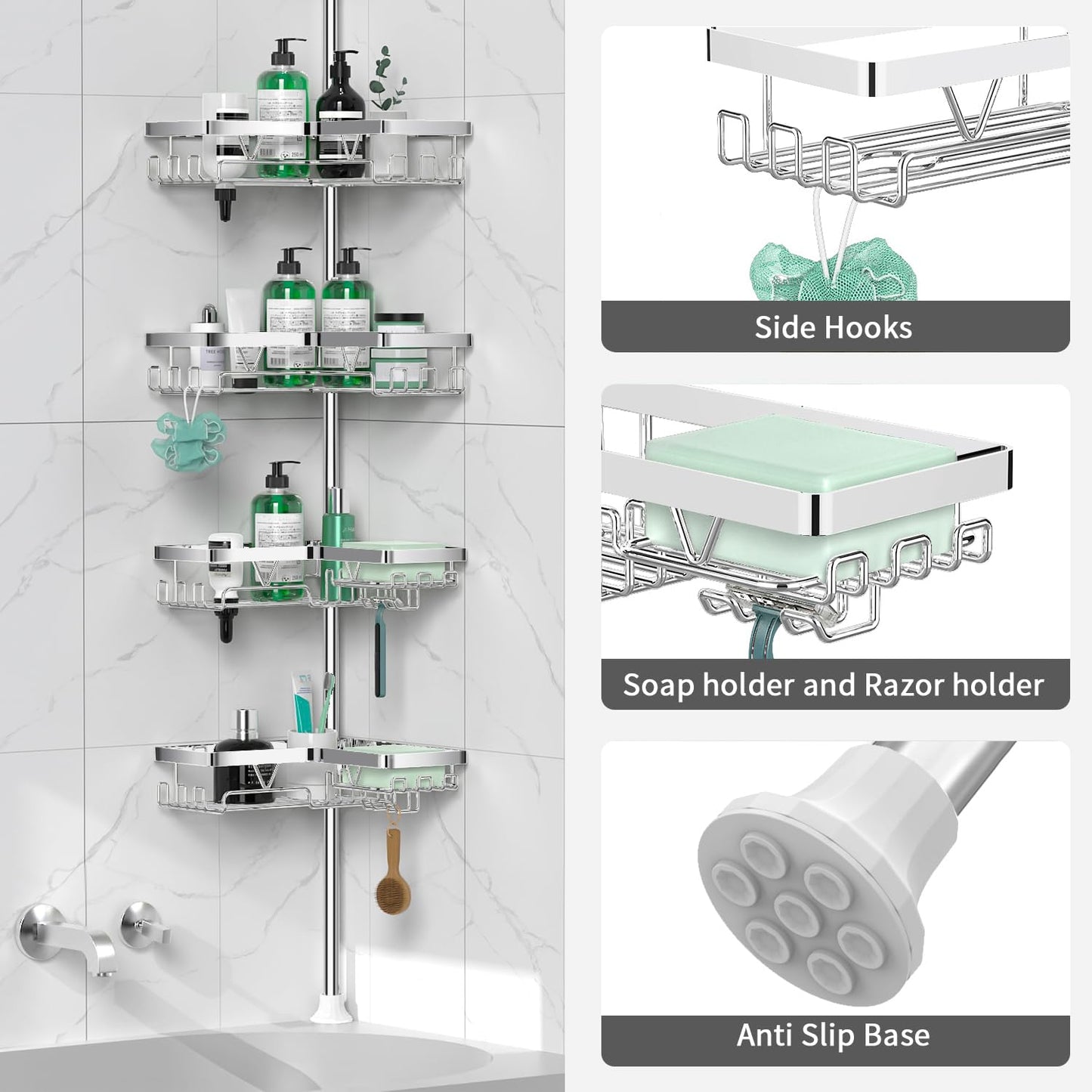 DAOYA Corner Shower Caddy Tension Pole - Chrome Tension Rod Shower Caddy Adjustable Shampoo Holder for Bathroom/Bathtub/RV, Stainless Steel, Floor to Ceiling 25-114.2 inch