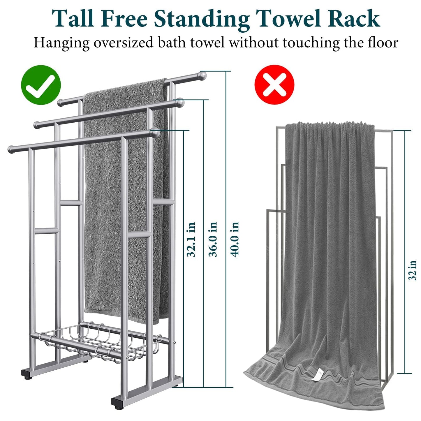 40" Tall Freestanding Towel Racks for Bathroom, 3 Tier Floor Towel Rack with Storage Basket, Blanket Ladder Drying and Display Rack for Large Bath & Hand Towel Outdoor Poolside