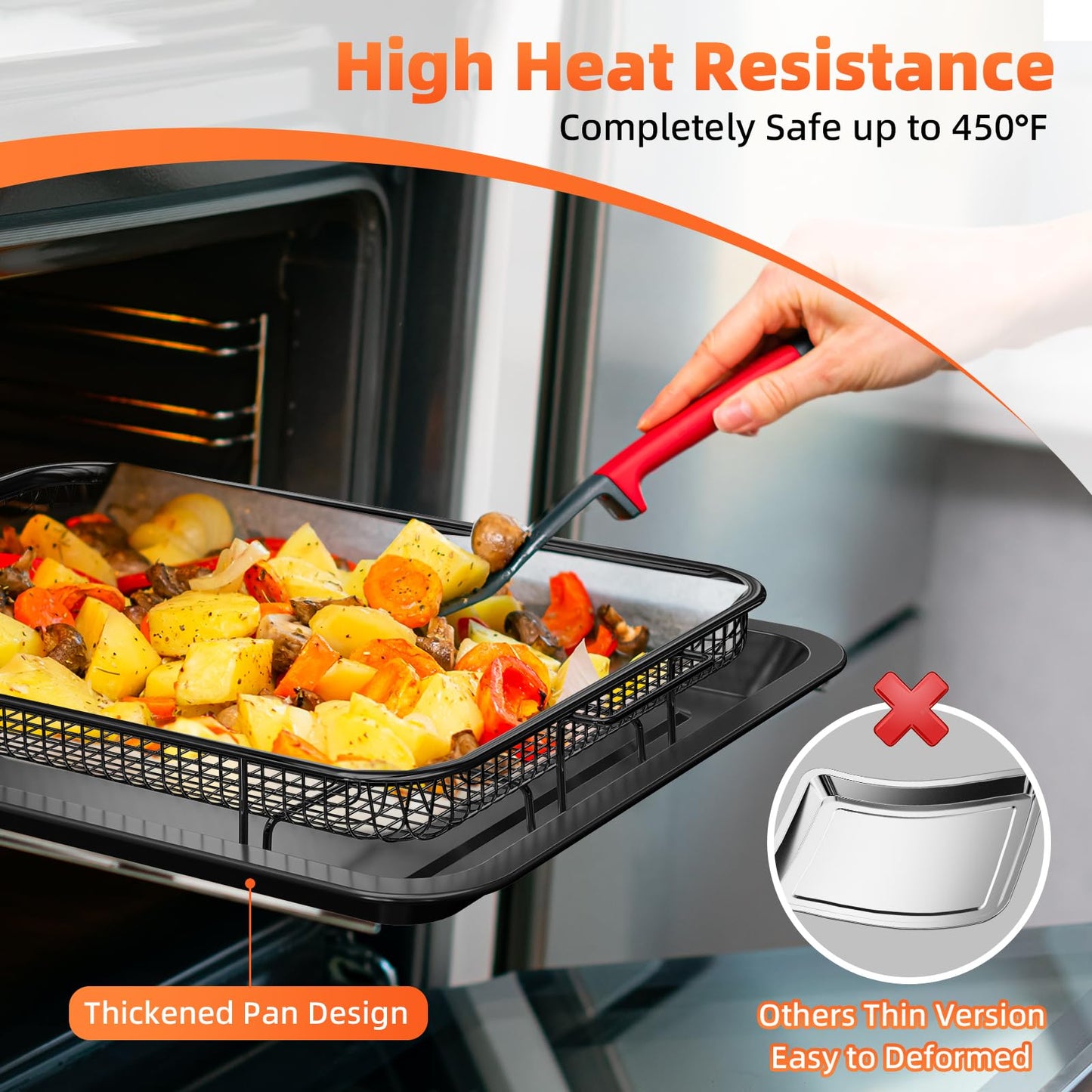 Air Fryer Basket, 2 Set Oven Air Fryer Basket and Tray with 60 PCS Parchment Papers, DEGOVIN Crisper Tray Non-stick Stainless Steel Air Fry Pans for Convection Oven(14.88"×10.98"& 13"× 9.7"-Black)