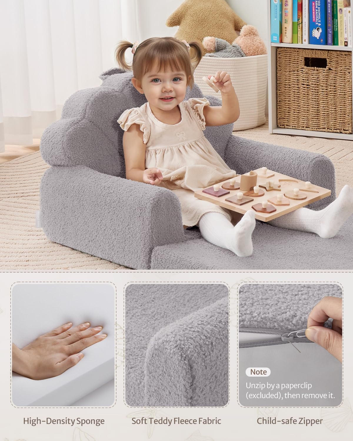 Blissful Diary Foldable Toddler Couch, 2-in-1 Comfy Toddler Chair & Lounger for Reading, Nap, Playroom, Kids Couch Sofa for 1 2 3+ Year Old Girls Boys Baby Birthday Gift, Gray Shell