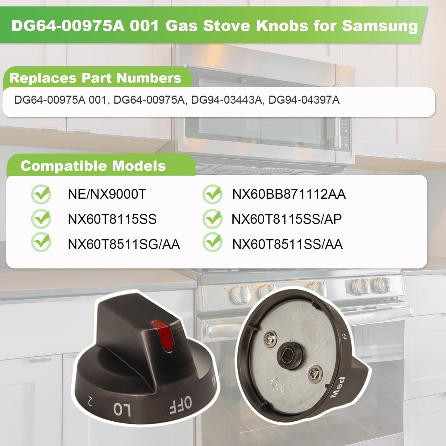 HLZDS DG64-00975A 001 Gas Stove Knobs Replacements, 5 Pack Metal Oven Knobs Compatible with Samsung NE/NX9000T NX60T8511SS/AA NX60BB871112AA NX60T8511SG/AA Gas Range Knobs etc