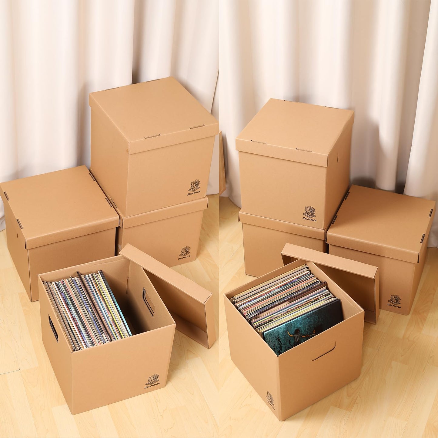 Jelmaica Vinyl Record Storage Box - Moving Box with Handles and Lids - Sturdy Cardboard Crate for Vinyl storage - Holds Up to 60 Records or LPs - Set of 4 Boxes (Kraft)