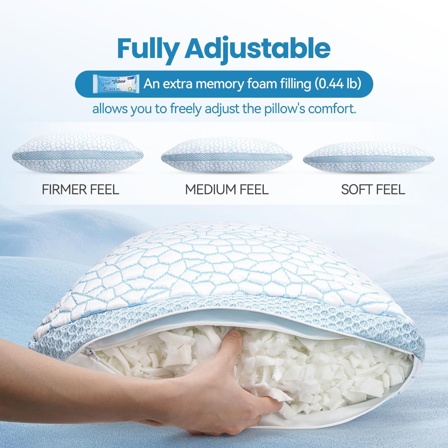 QUTOOL Double Sided Cooling Pillow for Hot Sleepers, Shredded Memory Foam Pillows Queen Size Set of 2, Adjustable Soft & Firm Gel Bed Pillow for Side, Back, Stomach Sleepers