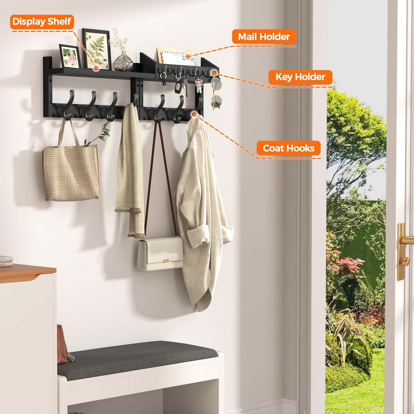 Evermagin 29" Coat Rack Wall Mount with Shelf, 4 in 1 Wall Mounted Coat and Key Hanger with 11 Hooks, Entryway Key Holder with Mail Holder for Living Room, Bedroom, Black