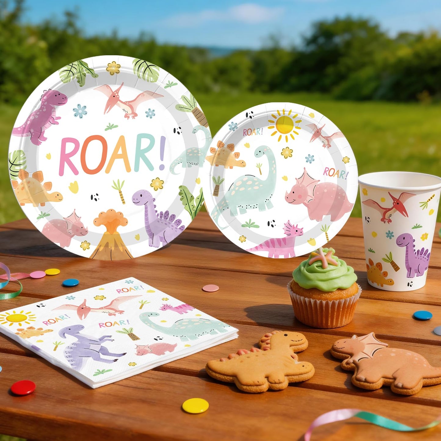 Fexivo 293pcs Pink Dinosaur Birthday Decorations for Girl, Worry-free One-stop Set for 25 Guests, with Dinosaur Balloon Arch, Plates and Dino Cupcake Stand, Easy Setup for Dinosaur-Themed Party