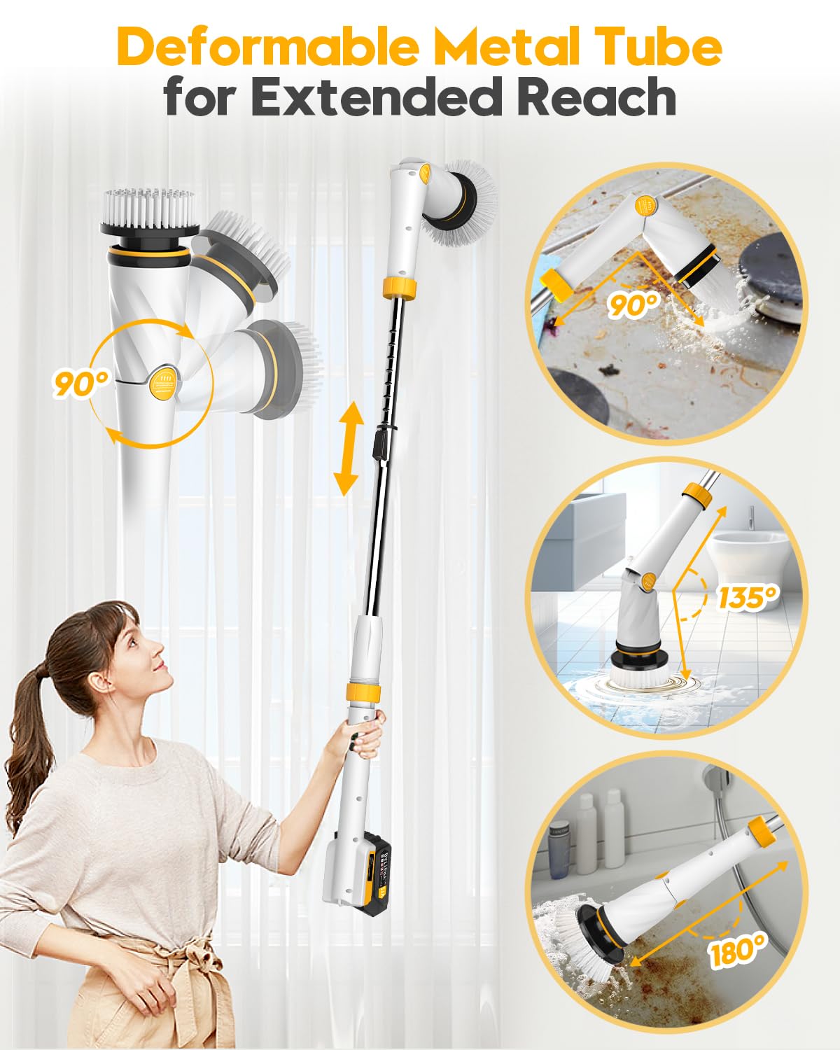 1200 RPM Powerful Electric Spin Scrubber with 8 Cleaning Brush, 2 Battery Cordless Shower Scrubber with 3 Speeds Display & 50inch Retractable Handle, IPX7 Waterproof Power Scrubbers for Deep Cleaning