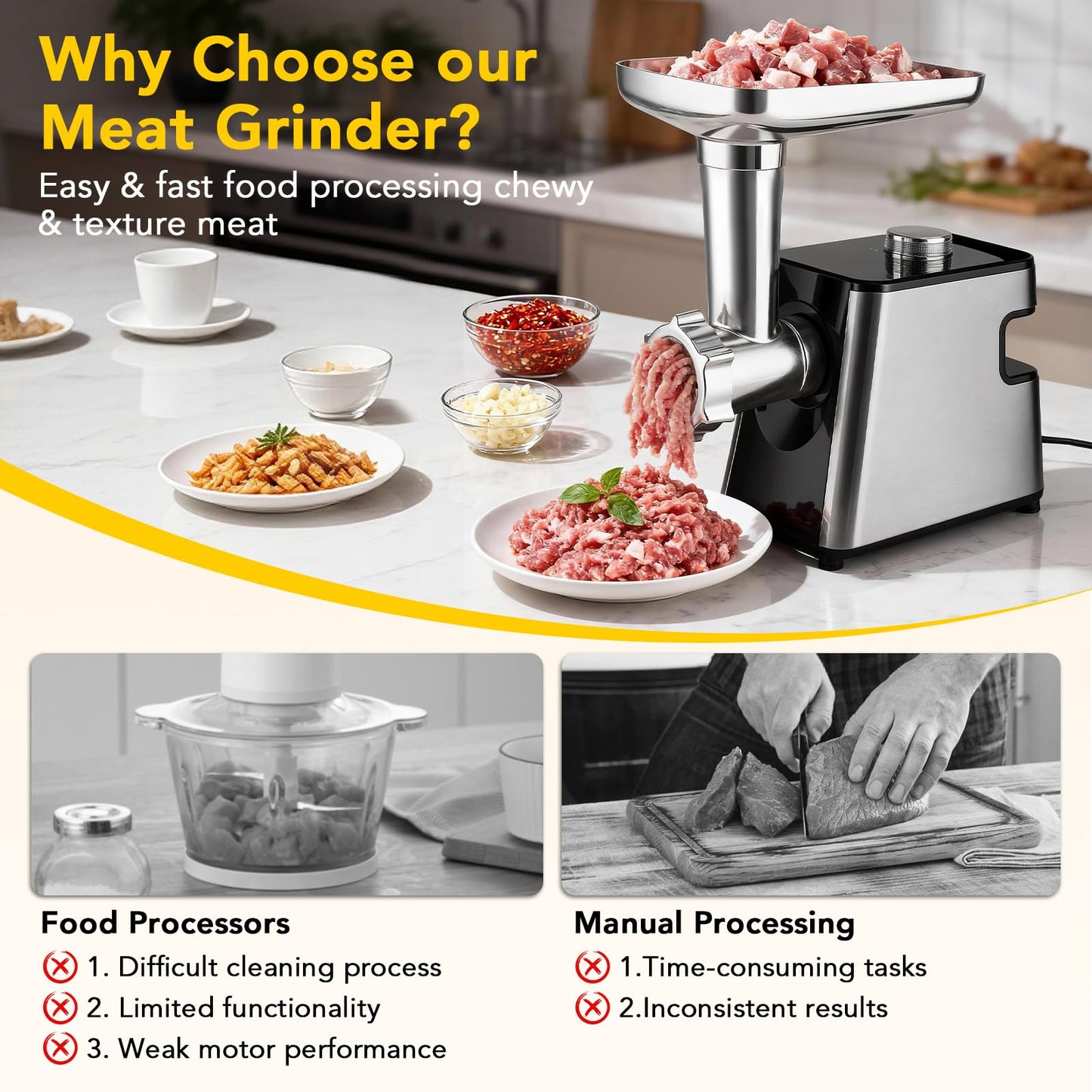 Electric Meat Grinder- 350W Motor with Sausage Stuffer & Meatballs Making, Food Grinder with Stainless Steel Blade & 3 Plates, Heavy Duty Meat Mincer for Home Kitchen & Restaurant
