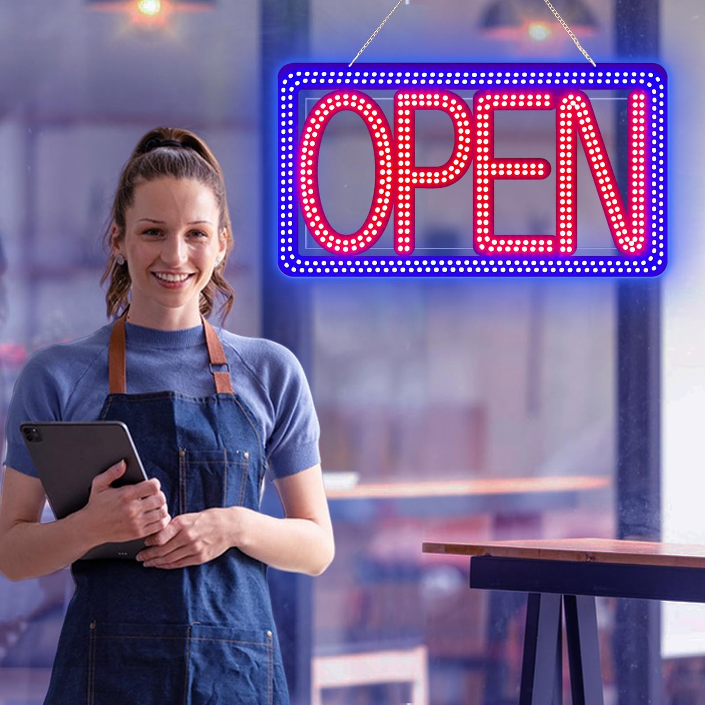SHZHYIS 16.5"x9" Horizontal LED Open Sign for Business - Ultra Bright & Dimmable Store Sign with 4 Scene Modes, Includes Power Adapter - for Storefront, Coffee Shop, Bar, Salon Window