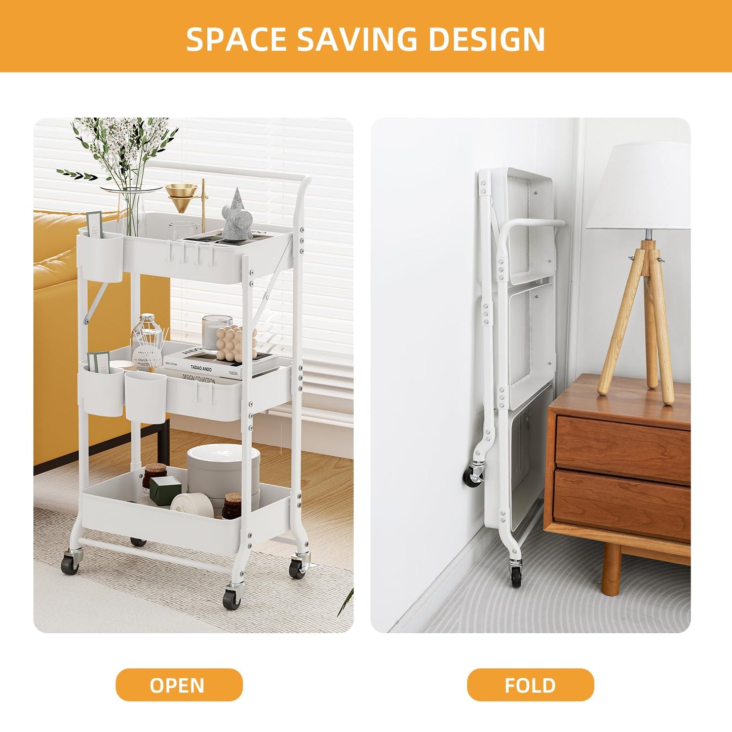 3-Tier Folding Rolling Utility Cart with Wheels, Foldable Storage Cart Organizer with 3 Hanging Cups & 6 Hooks for Kitchen, Office, Living Room, Nursery(White)