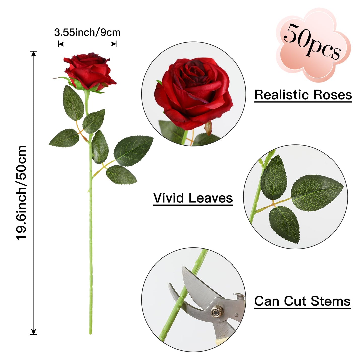 Nubry 50pcs Artificial Burgundy Roses Bulk, Fake Red Roses Flower with Stems Realistic Flowers for Wedding Centerpiece Home Party Decor(Burgundy)