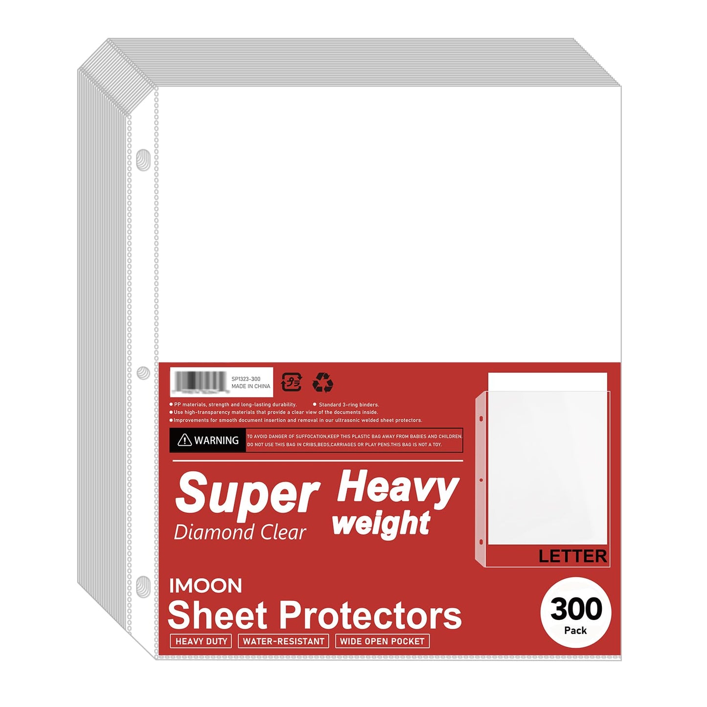 Super Heavyweight 3-Hole Letter Size Sheet Protectors - High Transparency Plastic Heavy Duty Sleeves for 3 Ring Binders, Archival Safe, Durable Page Protectors for Documents, 8.5x11 Inch (300 Pack)