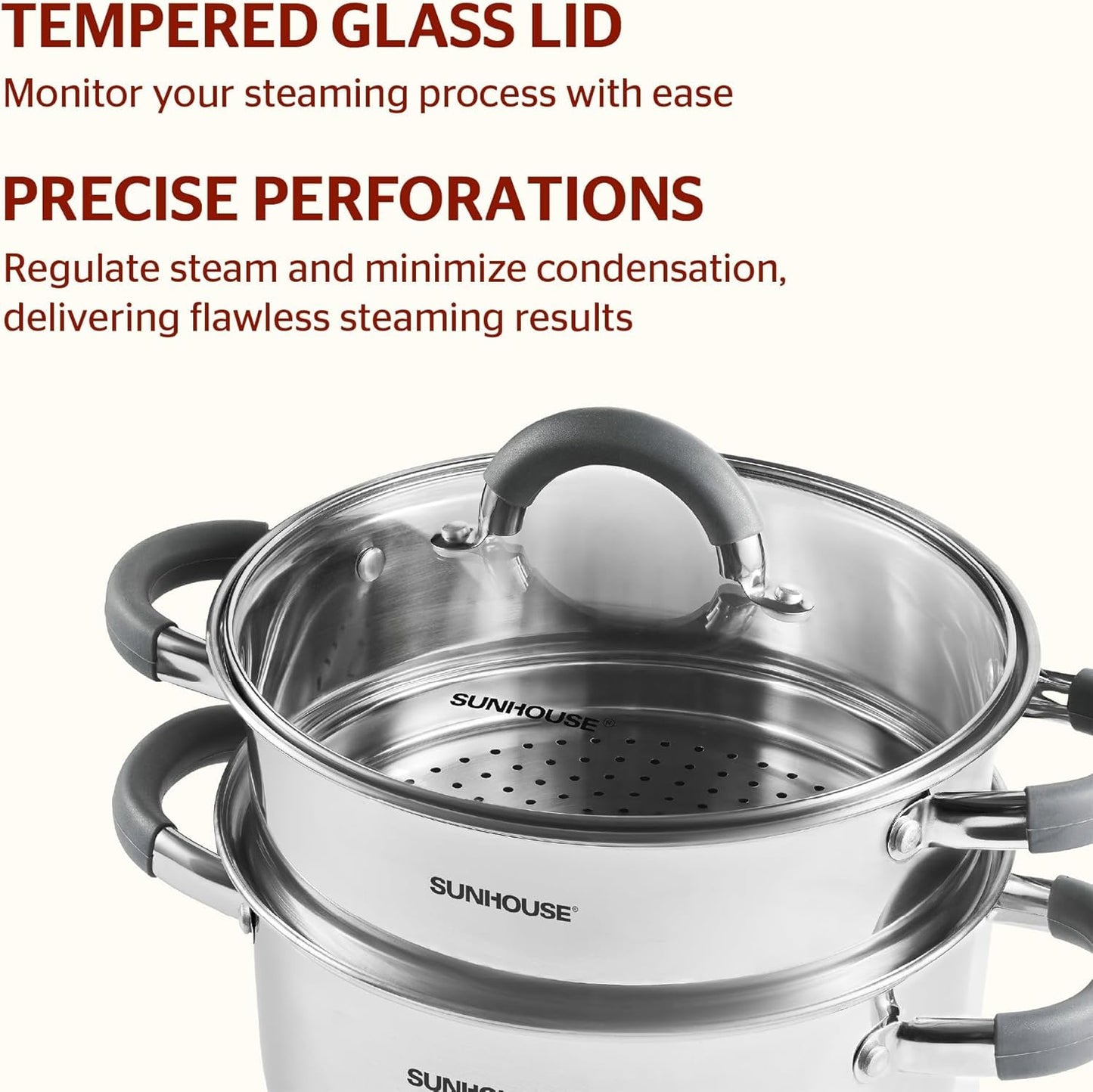SUNHOUSE Stainless Steel Steamer Pot for Cooking - 3 QT Steaming Pot with Glass Lid & Steamer Basket - 2 Tier Tri-ply Base Vegetable Steamer with Stay-Cool Silicone Handles - Induction Compatible
