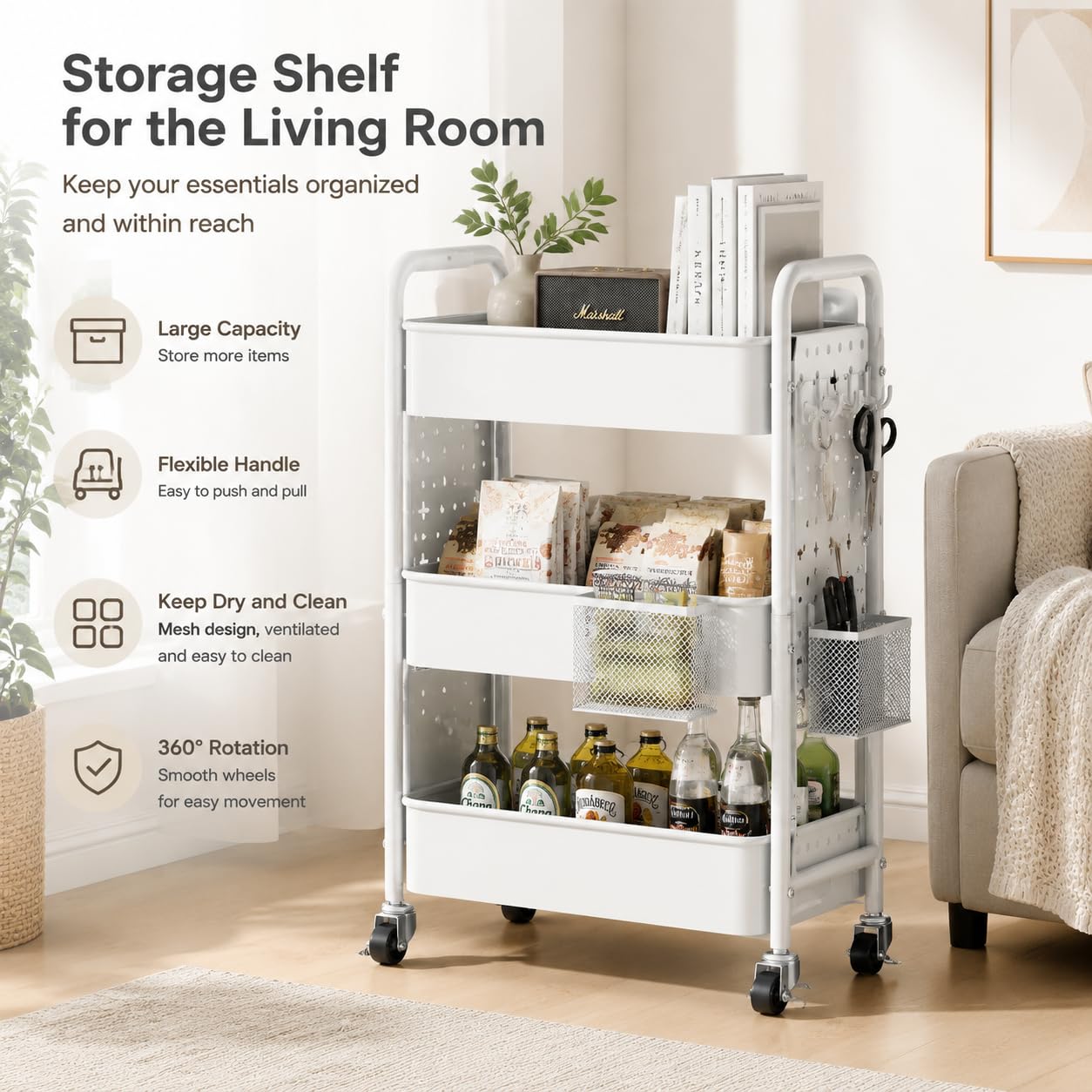 3 Tier Rolling Cart Metal with DIY Pegboard, White Rolling Cart on Wheels for Art Supply Organizer, Three Tiered Craft Organizers and Storage Cart, Utility Hobby Carts for Baby Diaper Caddy,Nail,Book