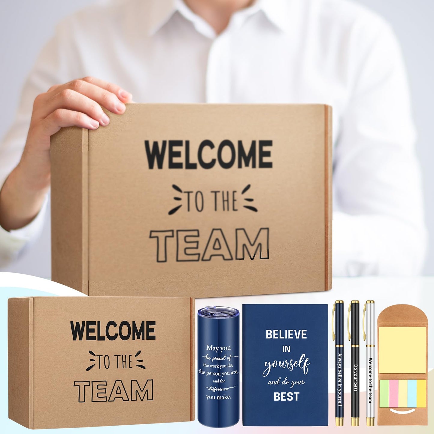 Teenyyou 7 Pcs New Employee Welcome to The Team Gift Set for Him or Her Welcome to The Team Gift Box Holiday Gifts Include 20oz Tumbler Notebook Pens and Sticky Note for New Employee Worker(Blue)
