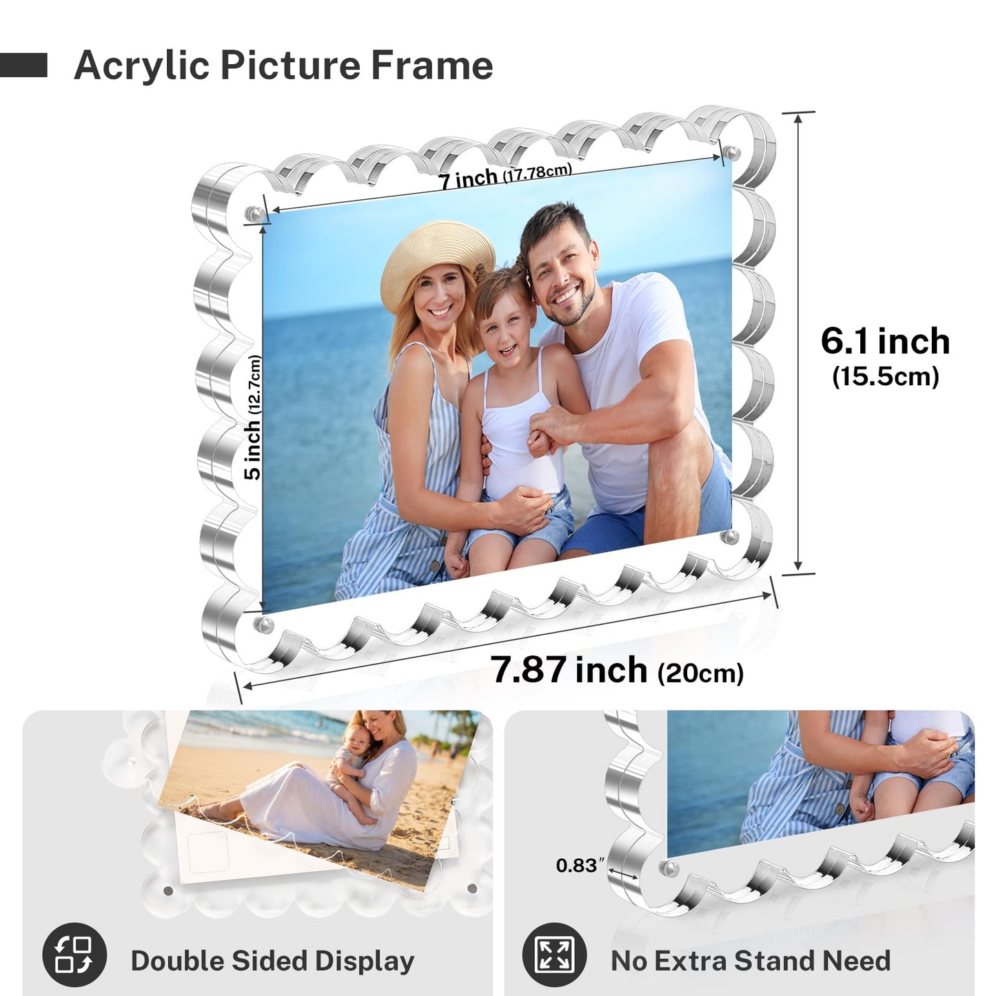 HOUSE DAY Acrylic Picture Frames 5x7 Acrylic Frame, 3 Pack Scalloped Magnetic 5x7 Picture Frame, Double Sided Clear 5 x 7 Photo Frame, Frameless FreeStanding 5 x 7 Picture Frames Gift for Desktop Display