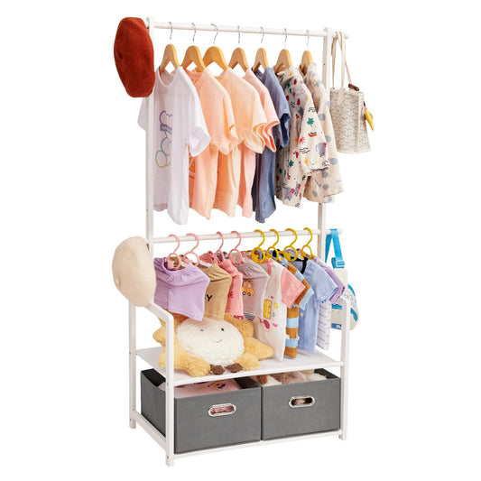 Vilaxing Kids Clothing Rack Bamboo with 2 Storage Baskets and 2 Adjustable Hanging Rods,Child Garment Holder with Shelf, Dress up Stand for Playroom,Toddlers Bedroom (White)