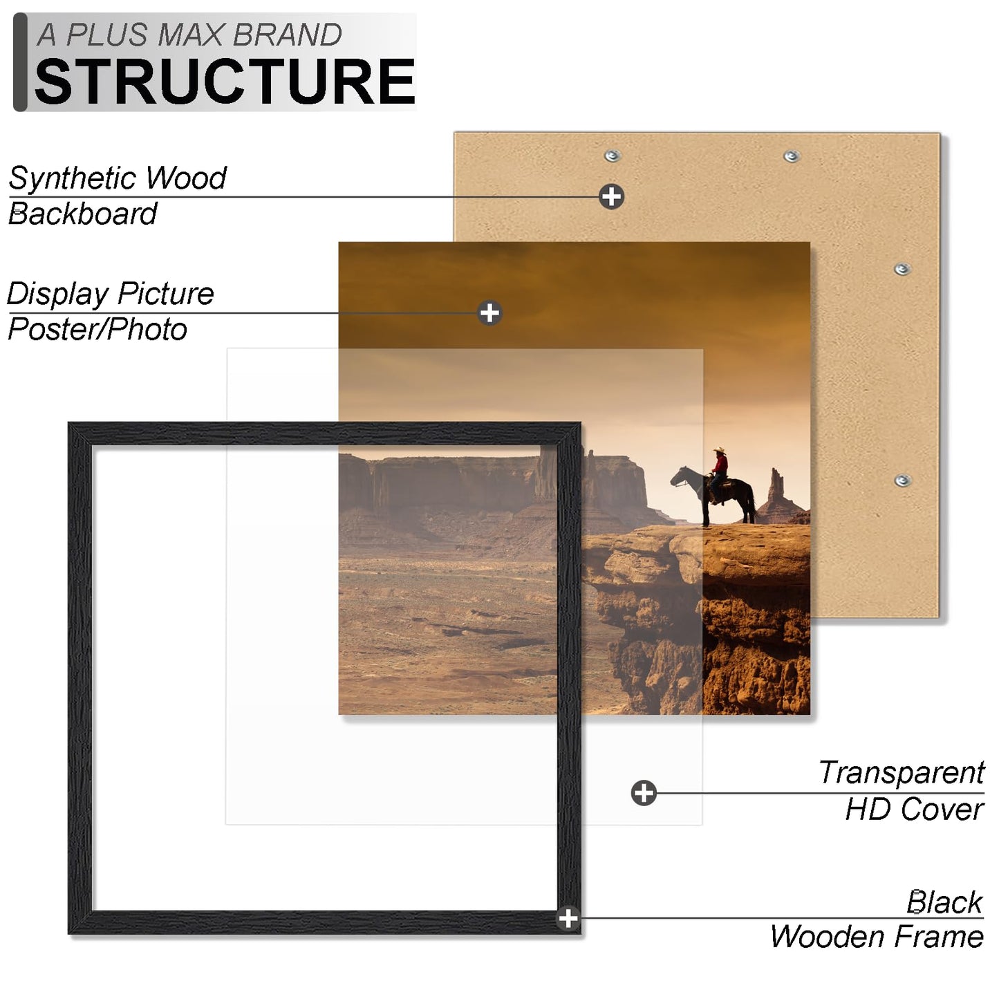 A PLUS MAX Square 24x24 Frame, Black Engineered Wood Picture Frame for 24 x 24 Picture Poster Photo, Light Weight 24 by 24 Frame with Wood-grain for Wall - 1 Pack/Black/24 x24