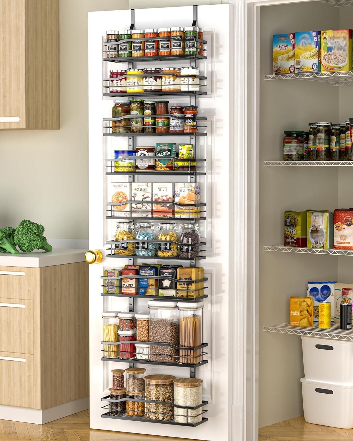 Moforoco 12.2"(W) Narrow 9-Tier Over The Door Pantry Organizer, Pantry Organization and Storage, Black Hanging Basket Wall Spice Rack Seasoning Shelves, Home & Kitchen