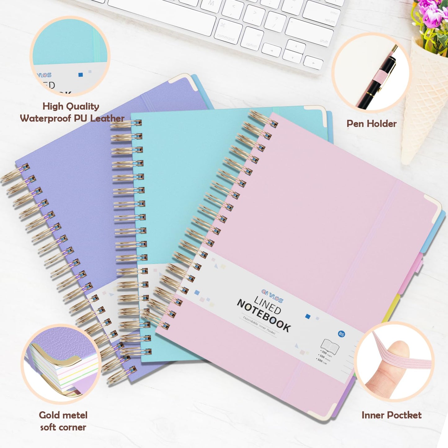 3 Packs Hardcover Spiral Notebook, B5 Journal with Removable Dividers Tabs, 5 Subject Notebook College Ruled, 200 Pages 8"x10" Leather Notebooks for Work School Study, Lined Journal for Women(Pink/Purple/Cyan)
