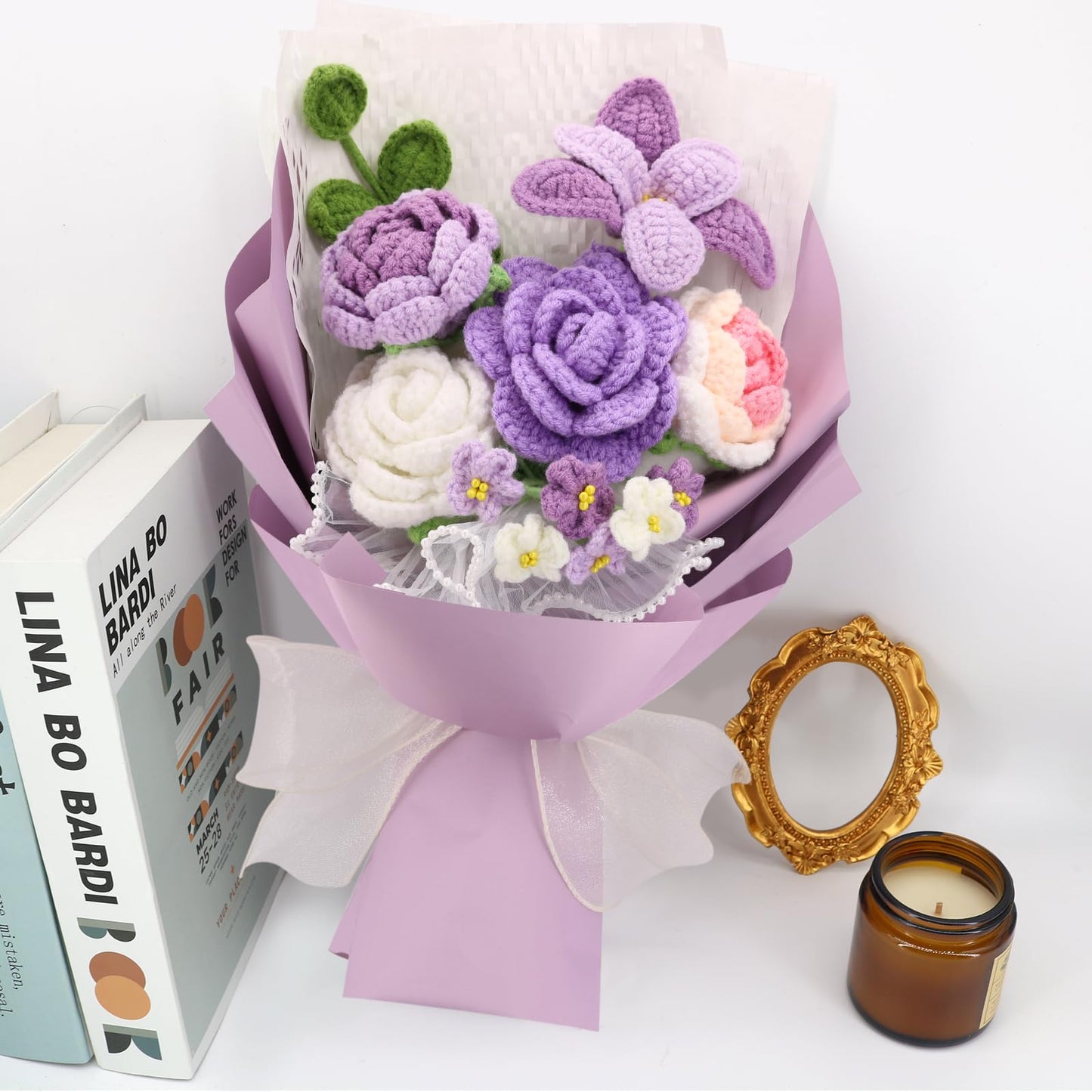 FUCAN Crochet Flowers,Finished Bouquet Crocheted Cotton Thread Flowers, Handmade Crochet Rose Tulip Fern Leaf as a Gift for Lover, Friends. Artificial Flower (Purple)