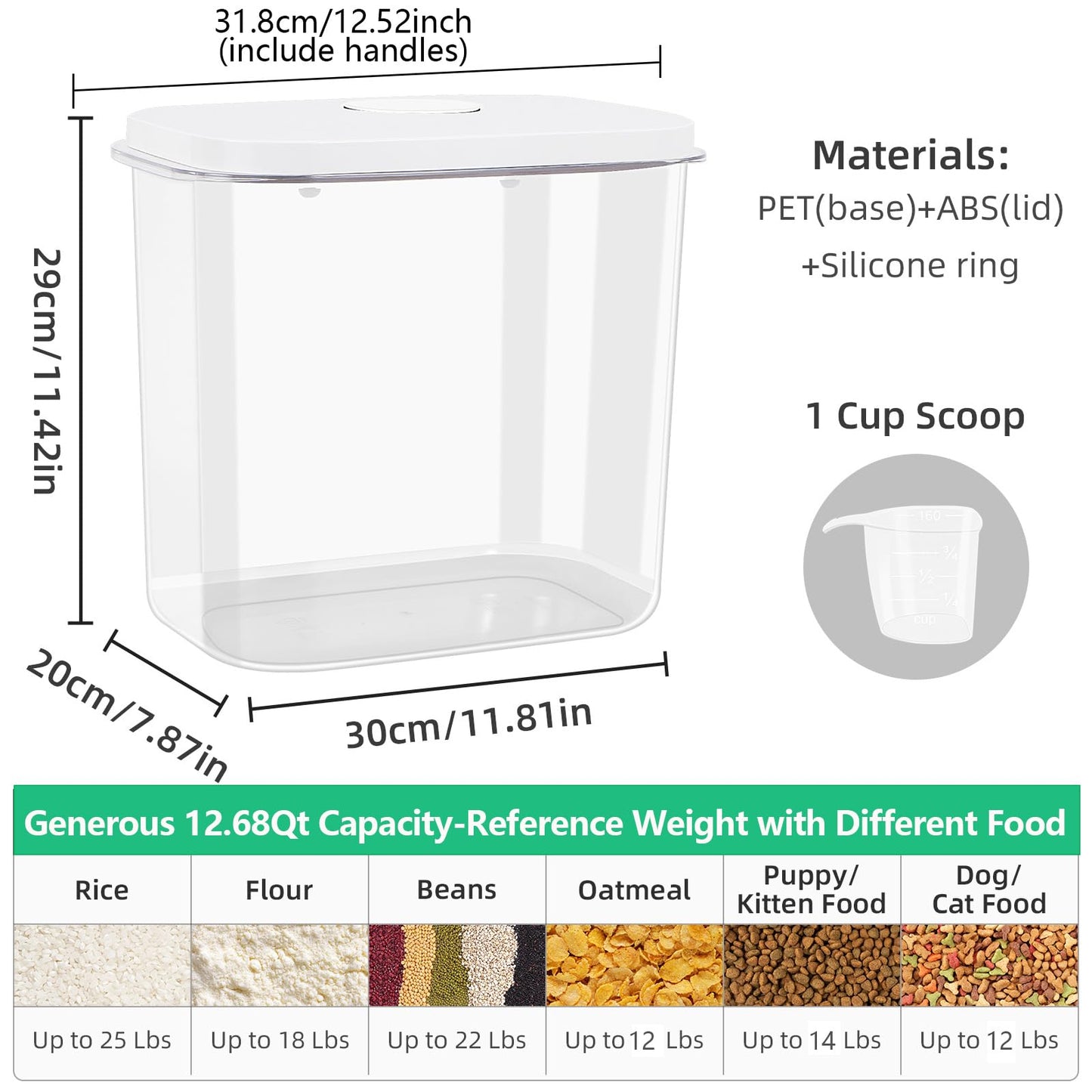 Airtight Rice Container 25 Lbs with Handle and Cup – 12.68Qt Large Flour Sugar Storage Container with Pop Up Seal & Hanging Lid Hooks, Clear Tall Food Storage Bin for Kitchen Pantry Organization